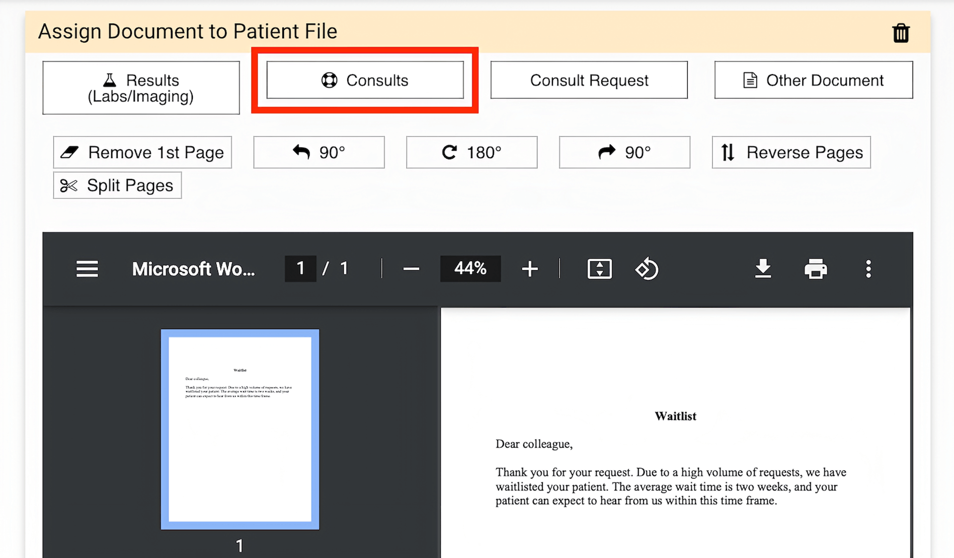 Assign Document to Patient File workspace with 'Consults' button highlighted in red.