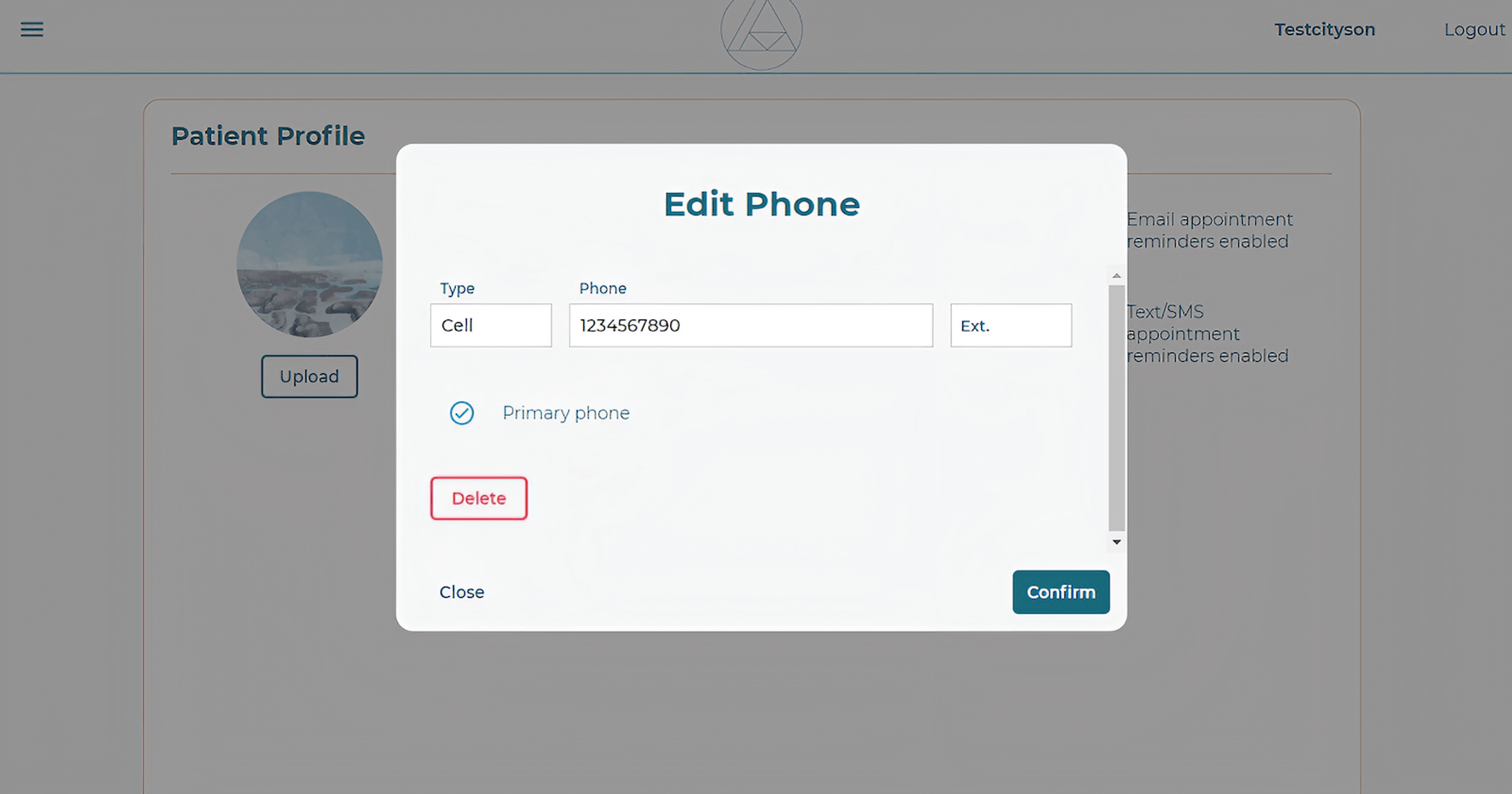 Edit Phone modal with form fields, and buttons for Delete, Close, and Confirm.