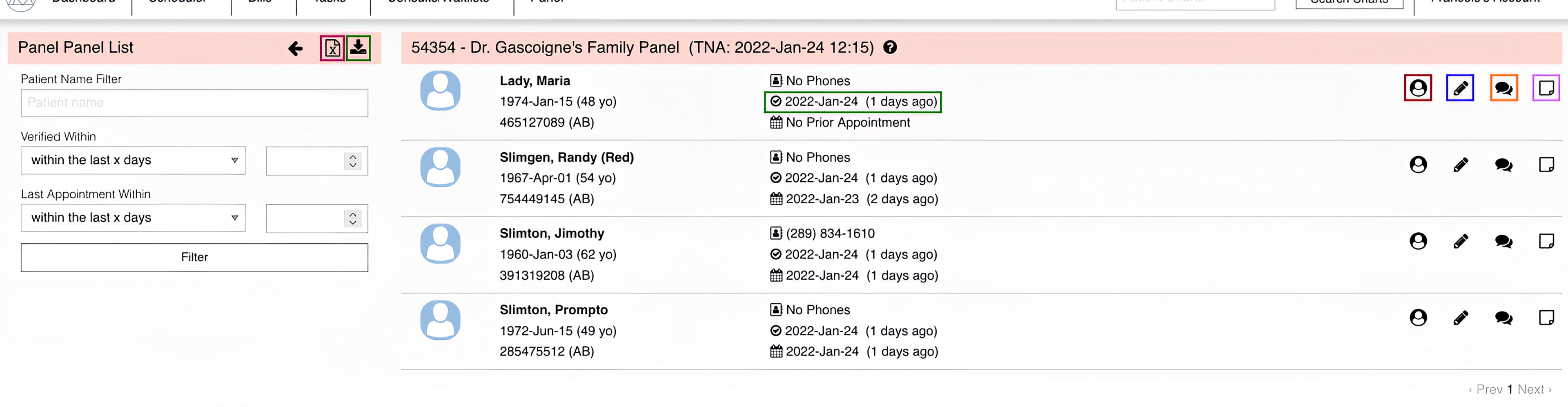 A screenshot of a panel list with multiple patients