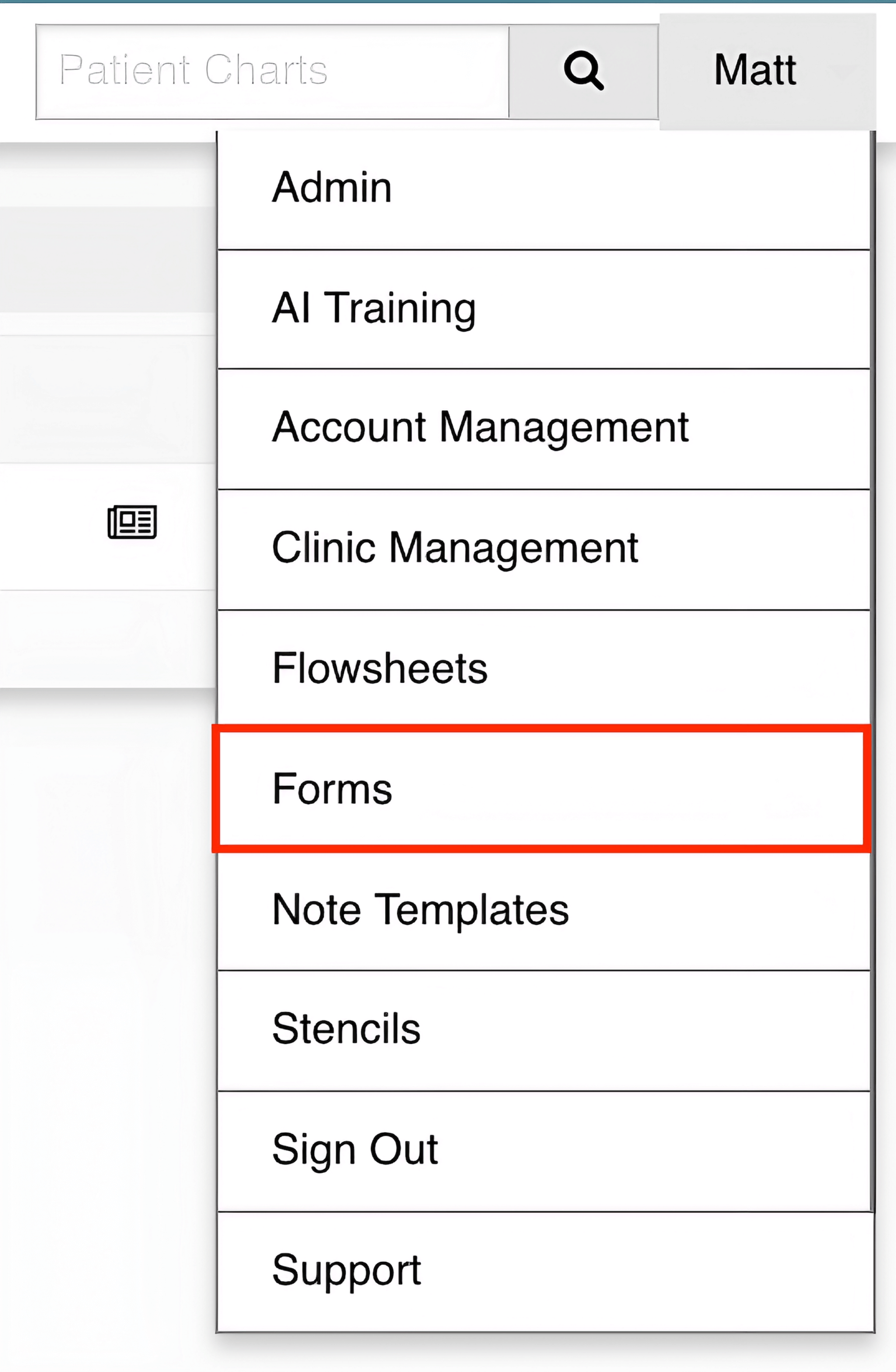 A dropdown menu, with the term 'Forms' highlighted