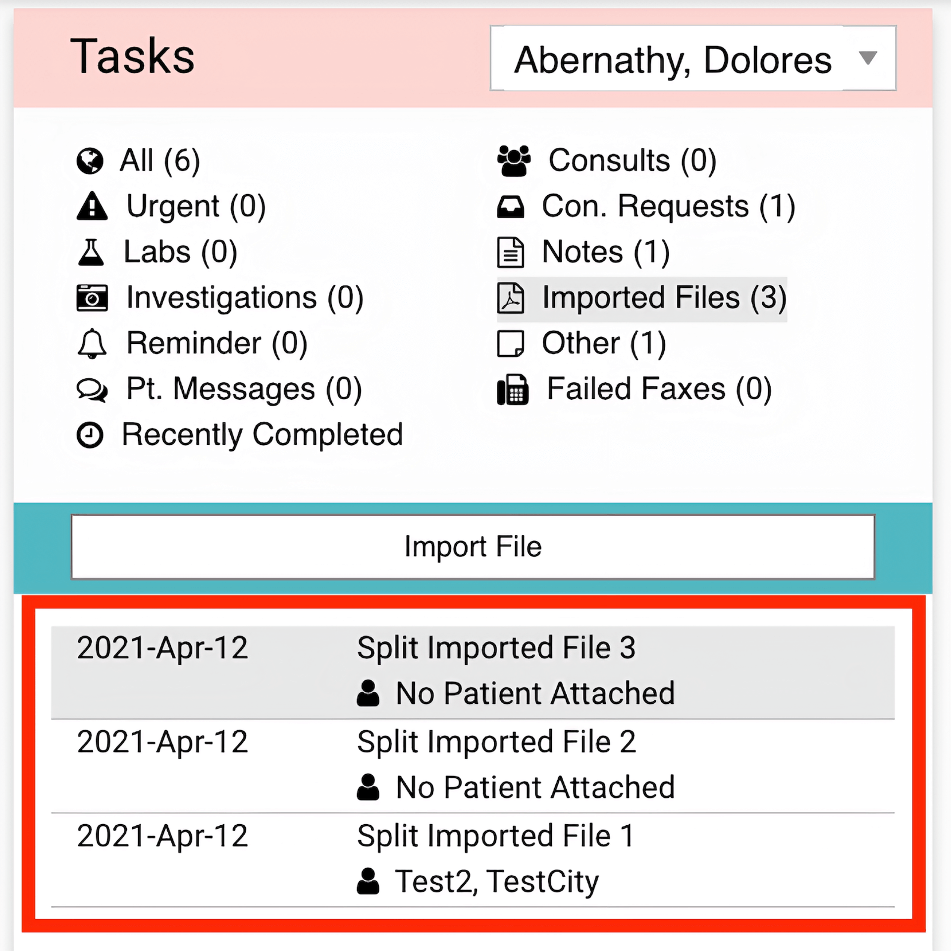 Tasks workspace with imported files highlighted at the bottom.