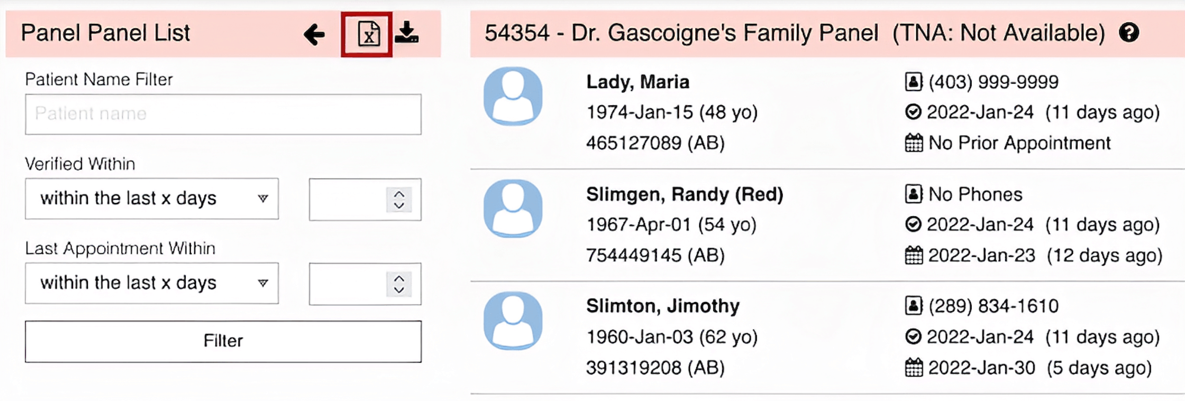 Screenshot of a family panel list, with an icon highlighted near the top left.