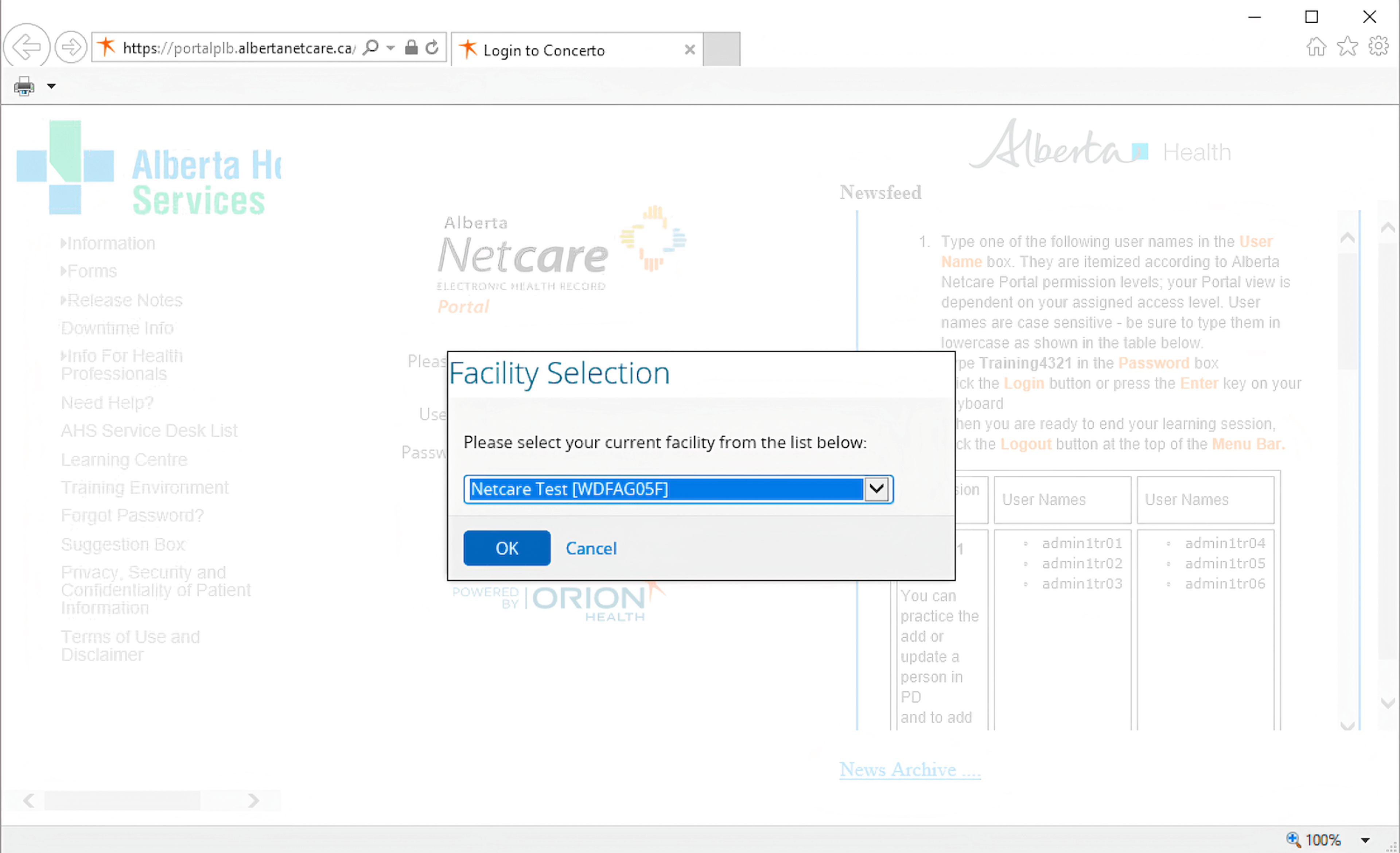 Alberta Netcare facility selection dialog