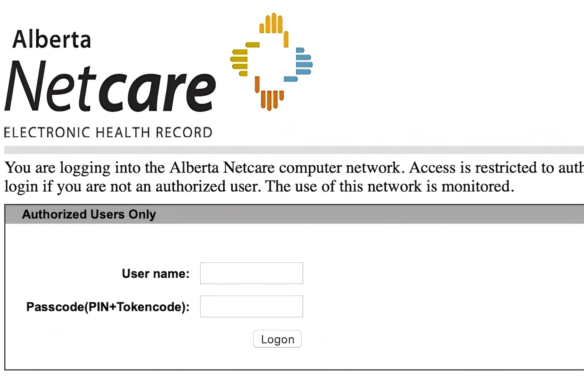 Alberta Netcare login screen with warning text