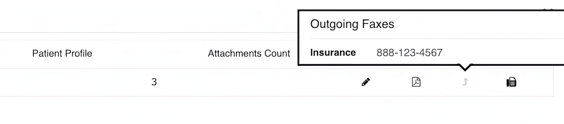 Upwards pointing arrow button with text reading 'Outgoing Faxes' and an insurance phone line