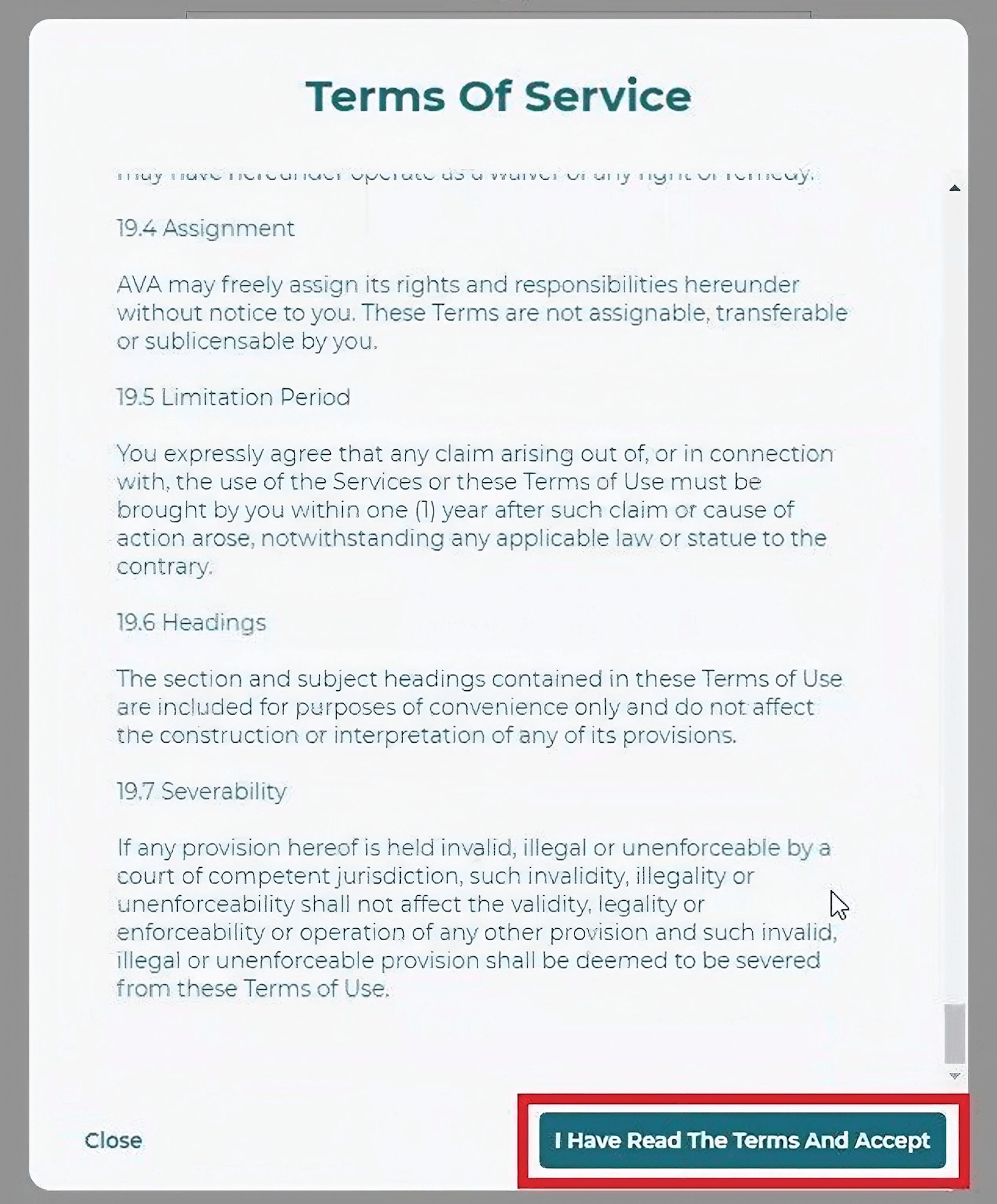 Terms of Service window with a red box highlighting a button labeled 'I Have Read The Terms and Accept'
