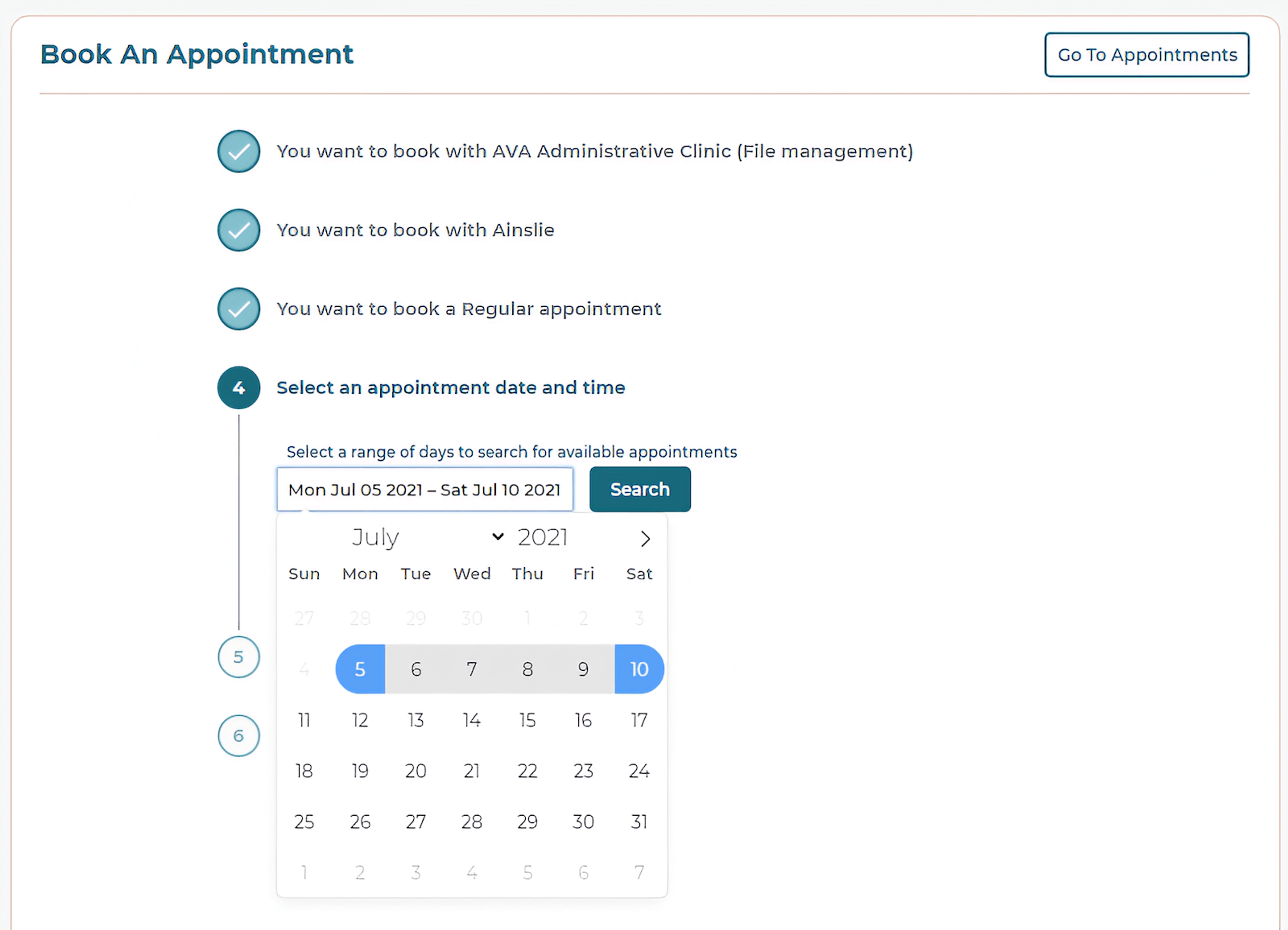 Book an Appointment checklist item 4: Select an appointment date and time.