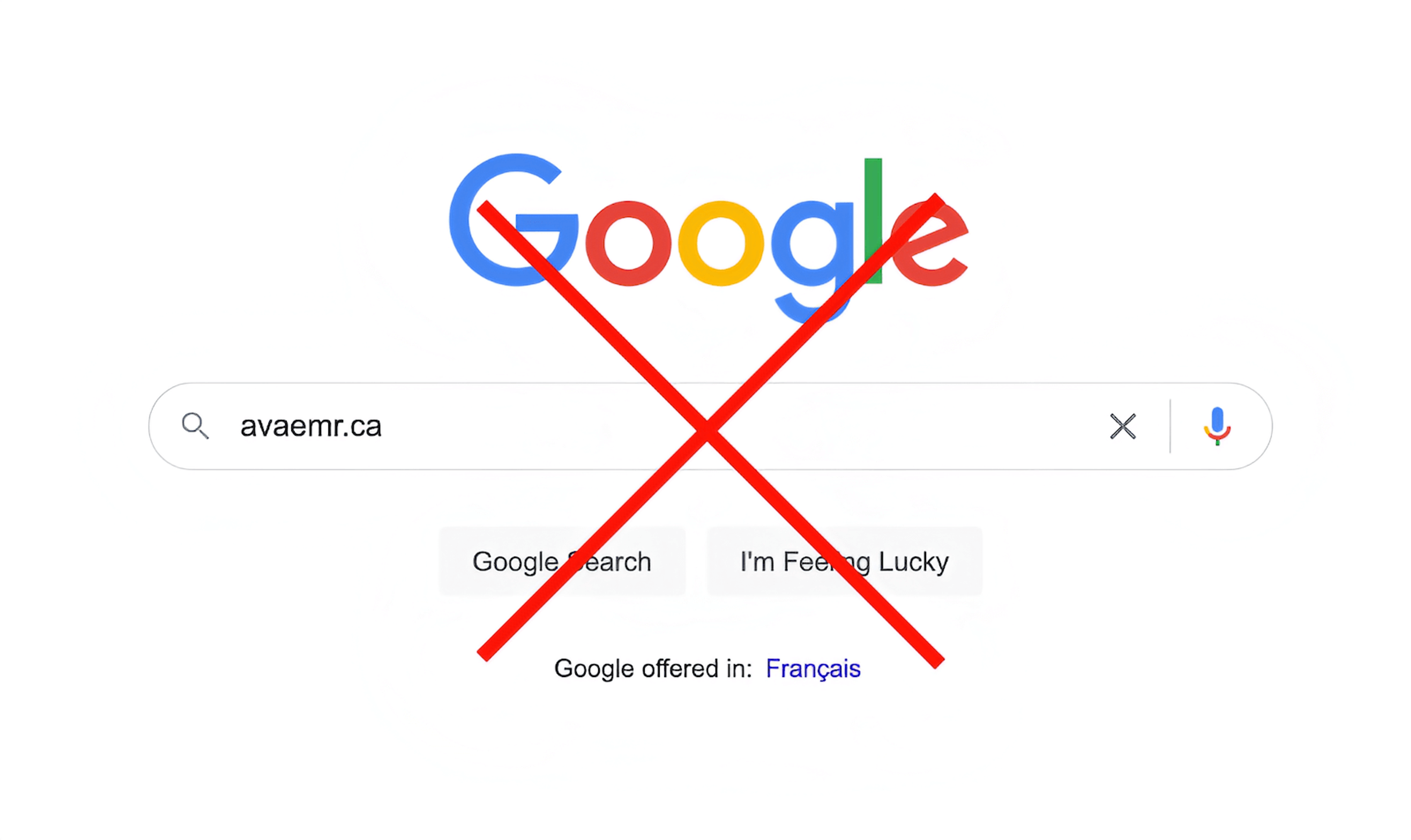 A large red 'X' going through a google search bar.