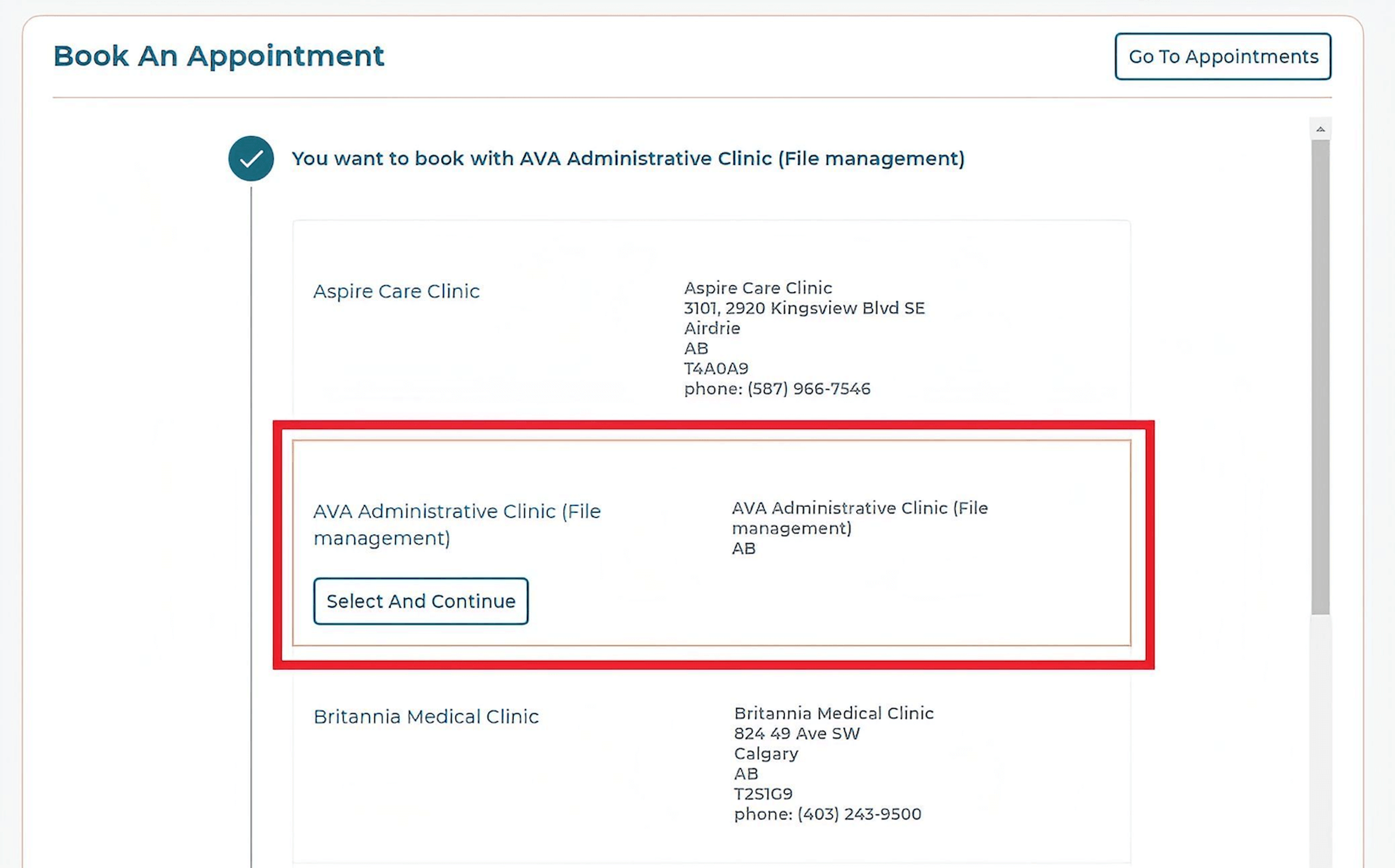 Book an Appointment workspace with a red rectangle around the Ava Administrative Clinic (File management) section.