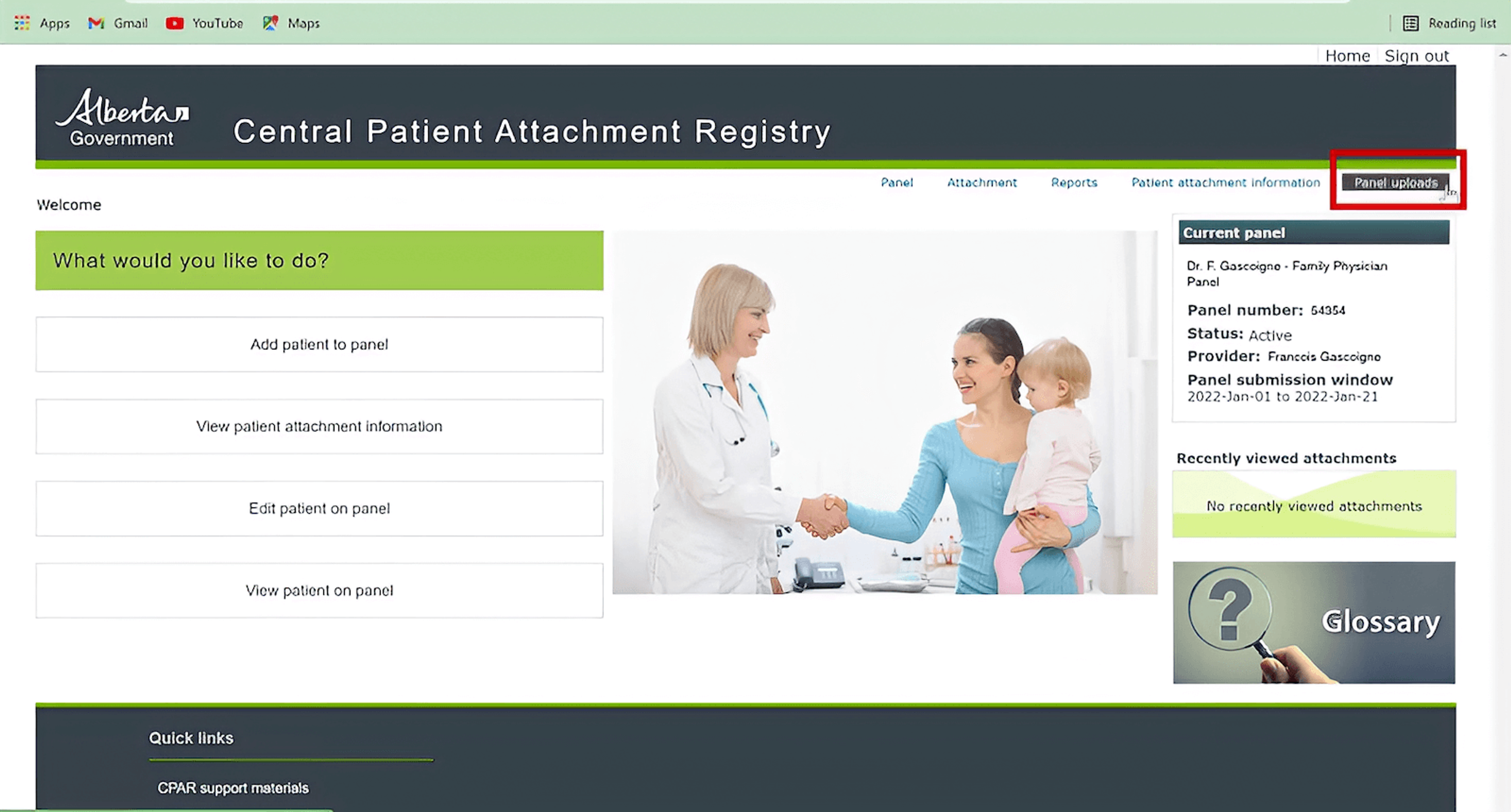 Screenshot of the Alberta Government's central patient attachment registry page, with a button labeled 'Panel uploads' highlighted in the top right corner.