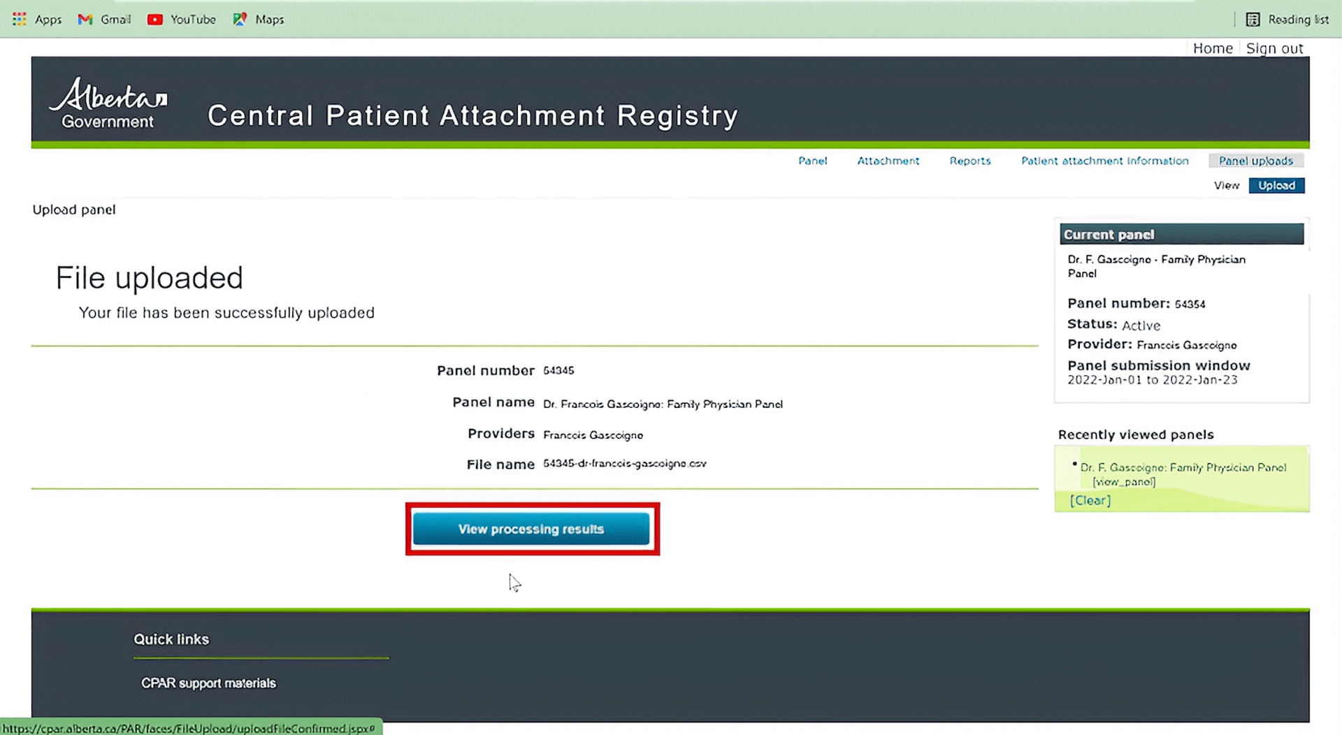 Screenshot of the Alberta Government's central patient attachment registry, with a highlighted button labeled 'view processing results'