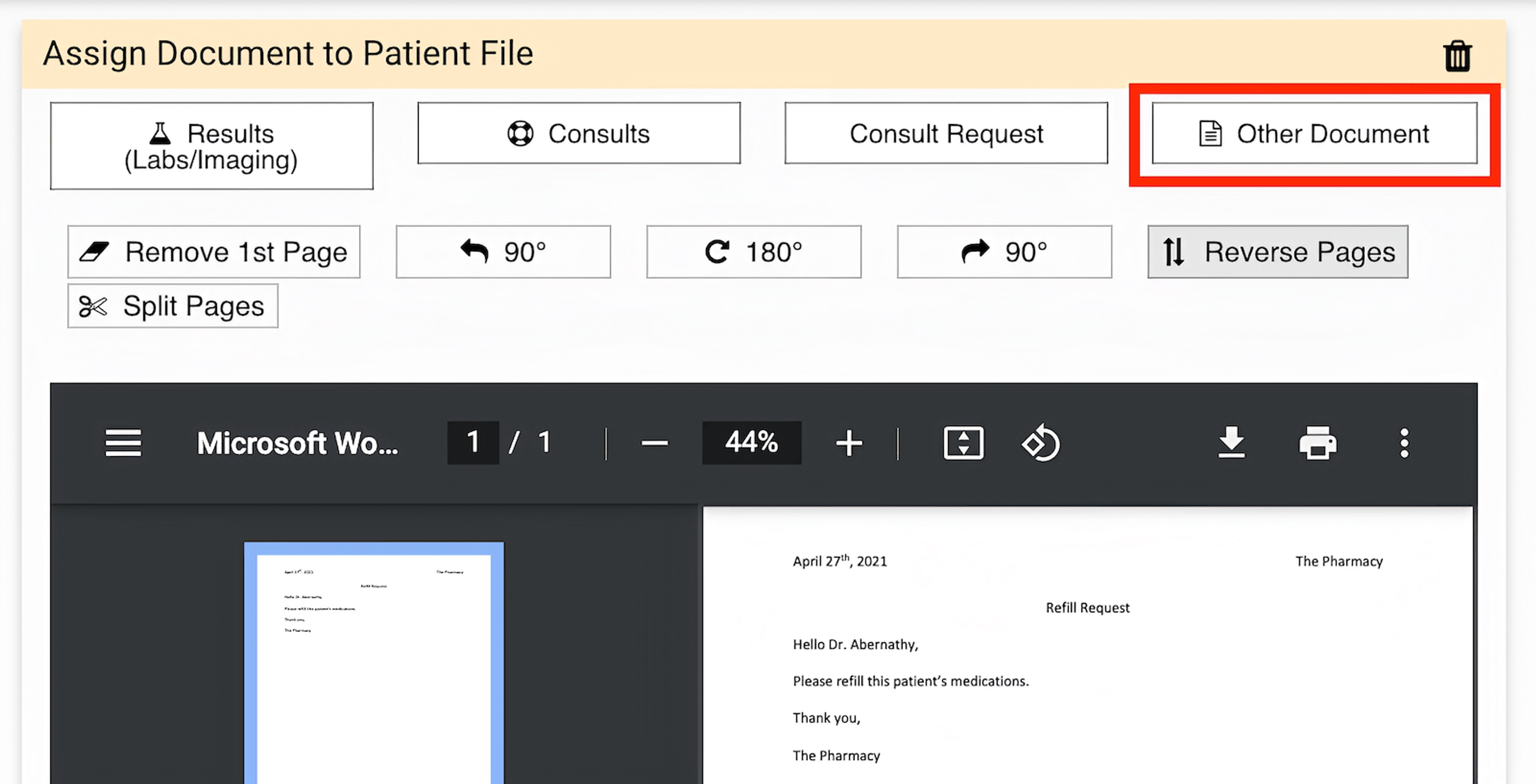 Assign Document to Patient File workspace with 'Other Document' button highlighted in red.