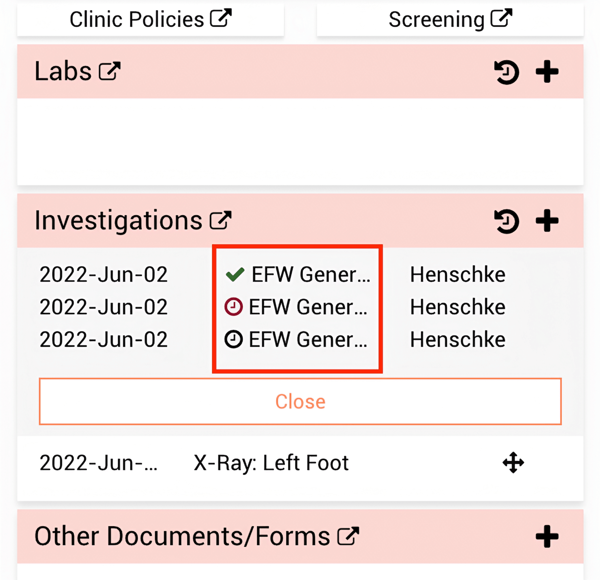 Screenshot of 'Investigations' panel with several items highlighted in red