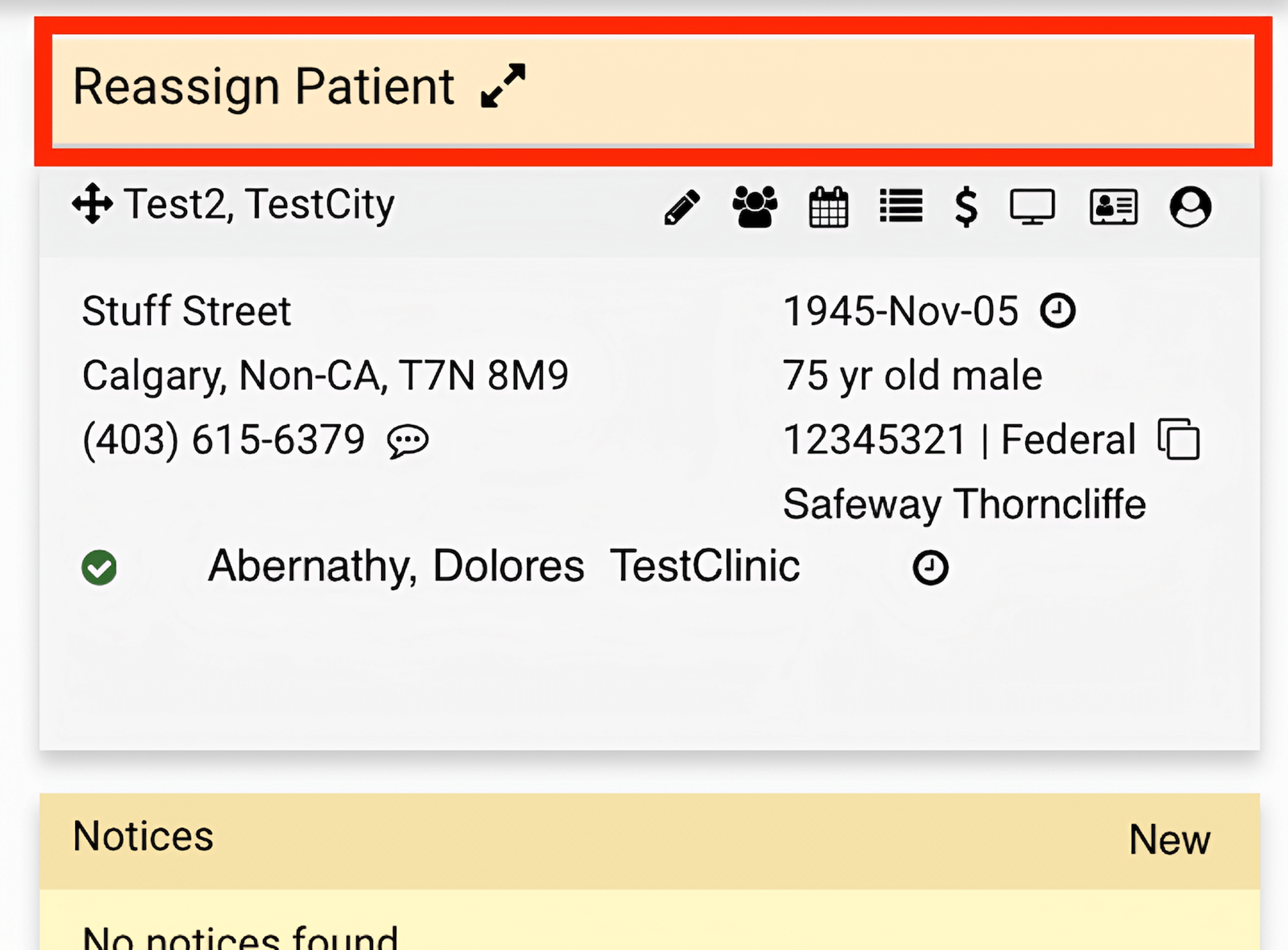 Reassign Patient text highlighted at the top of a patient view.