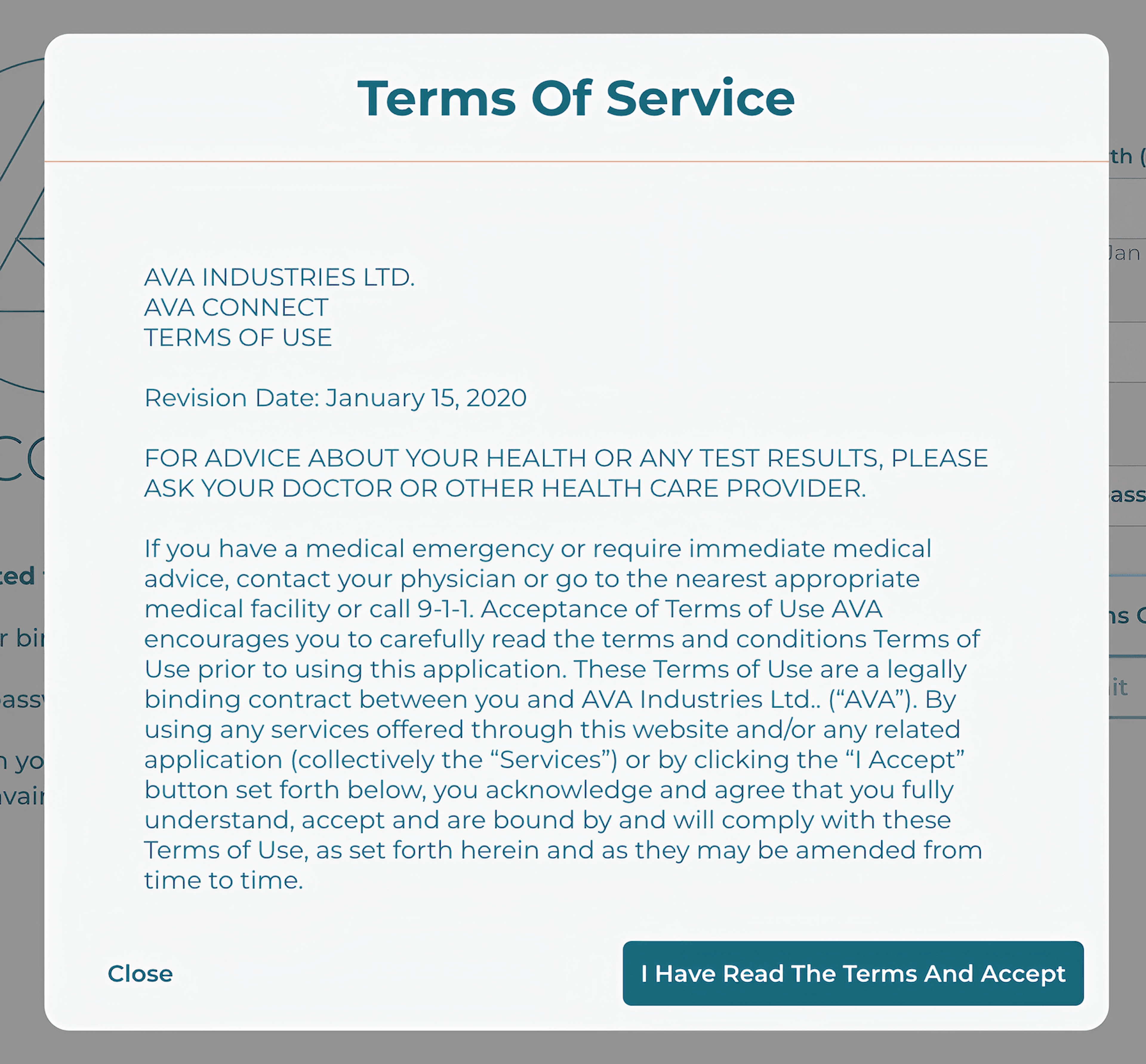 A screenshot of AVA's Terms of Service
