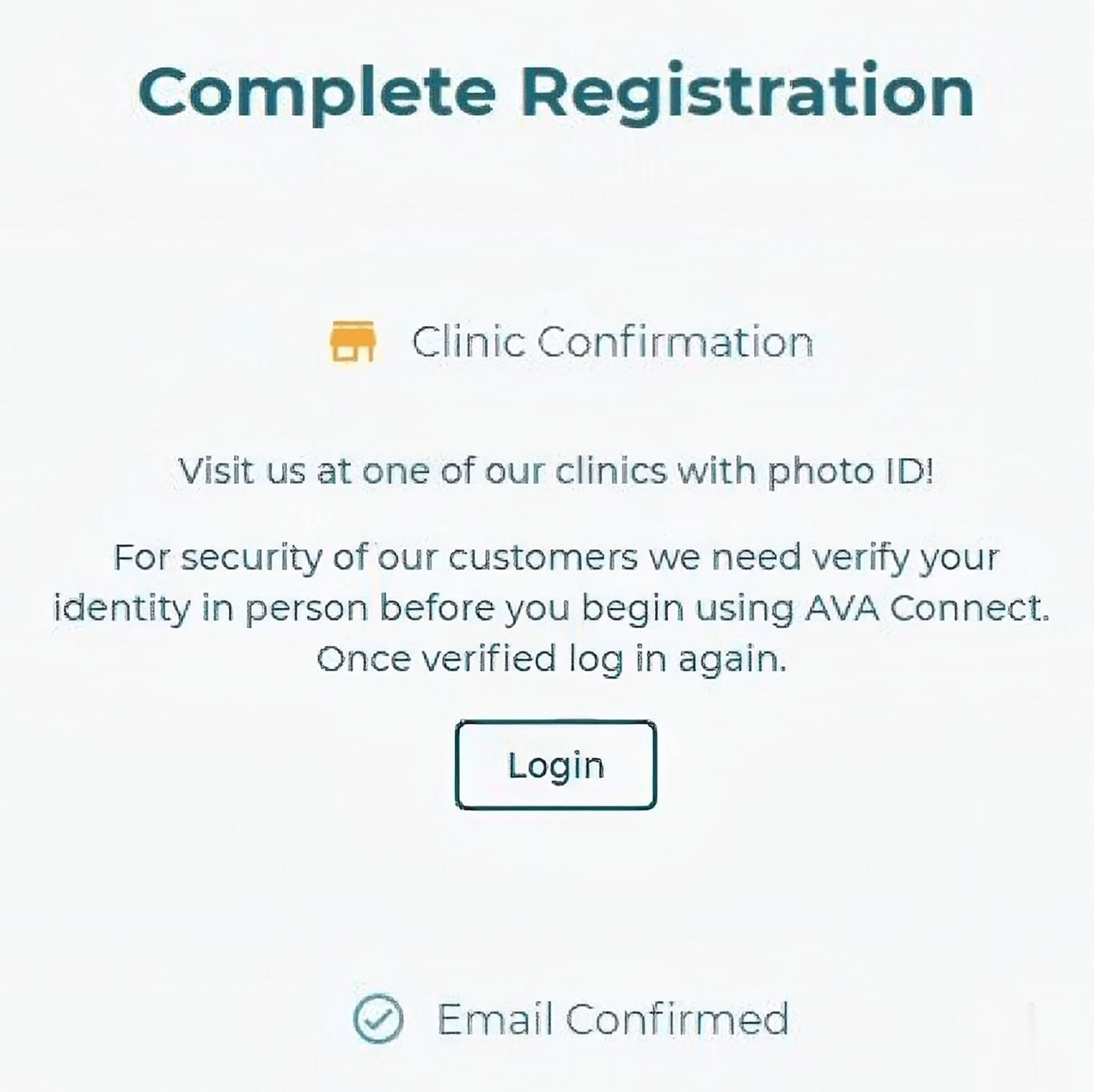 Complete Registration prompt with a button labeled 'Login'