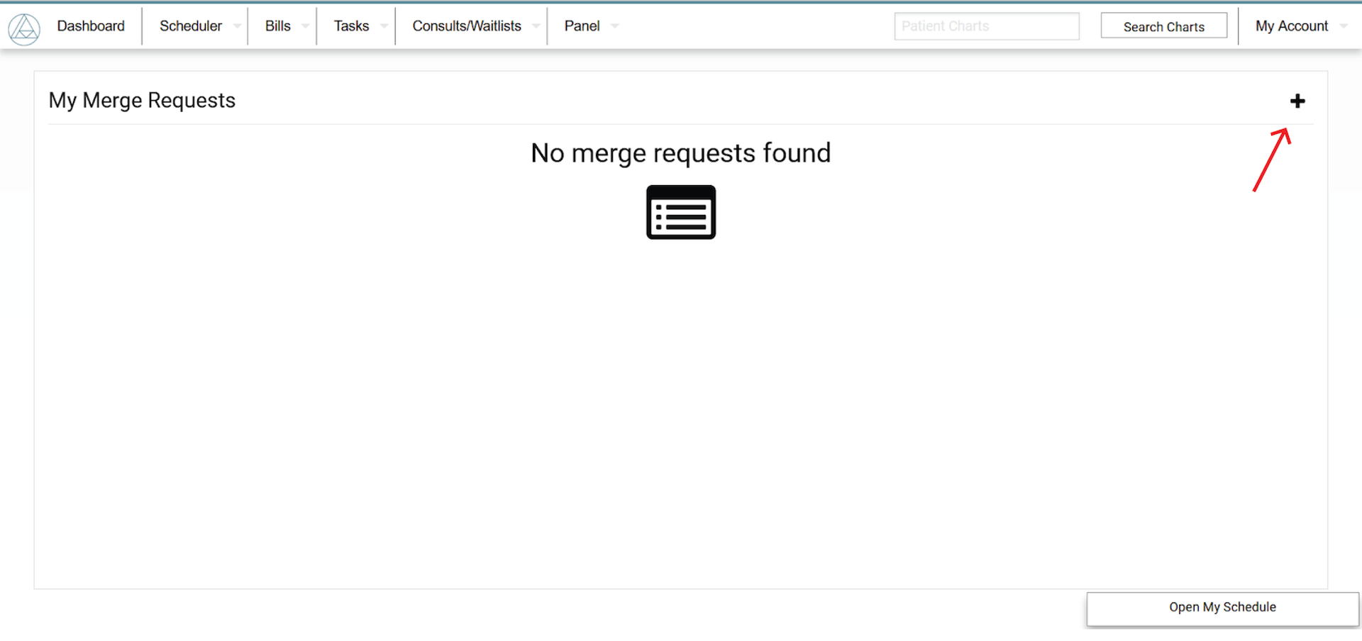 A workspace window with the message 'No merge requests found' and a plus button in the top right corner.