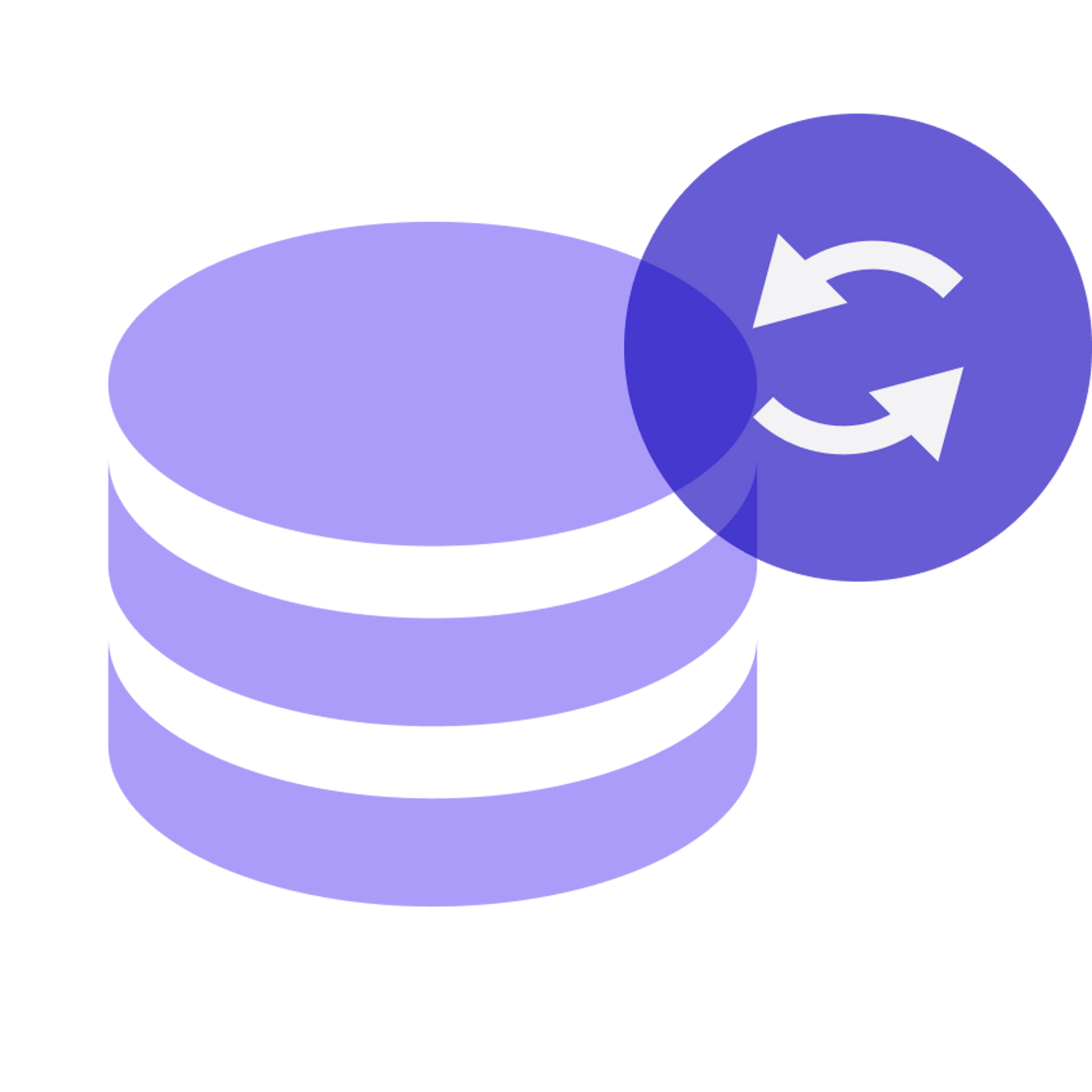 A purple icon of a stack of objects next to a recycle symbol on a transparent background