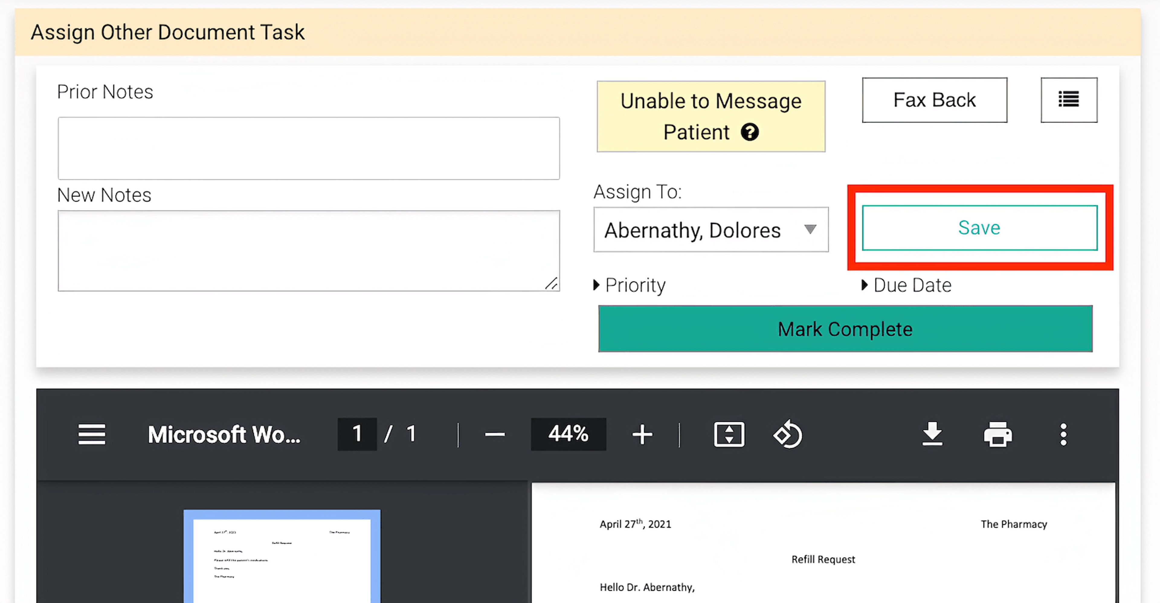 Assign Other Document Task workspace with the Save button highlighted in red.