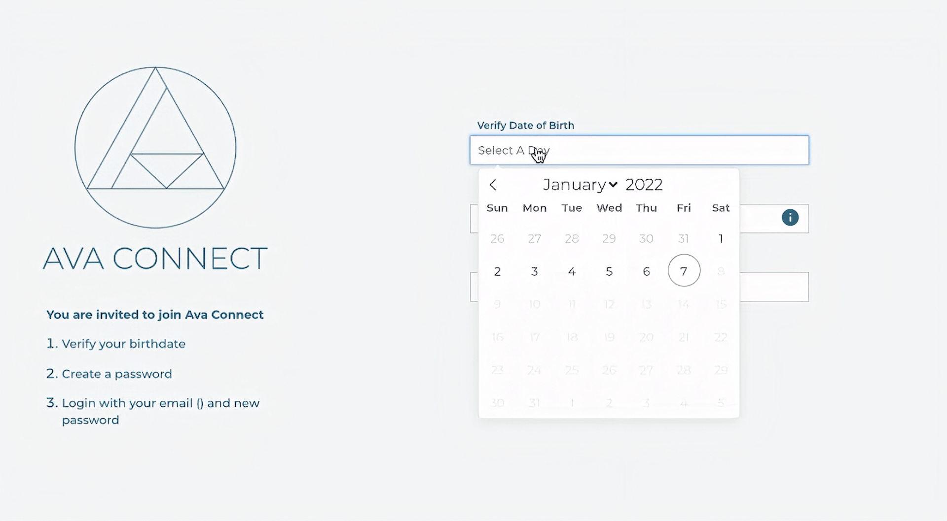 Screenshot of AVA Connect date of birth select