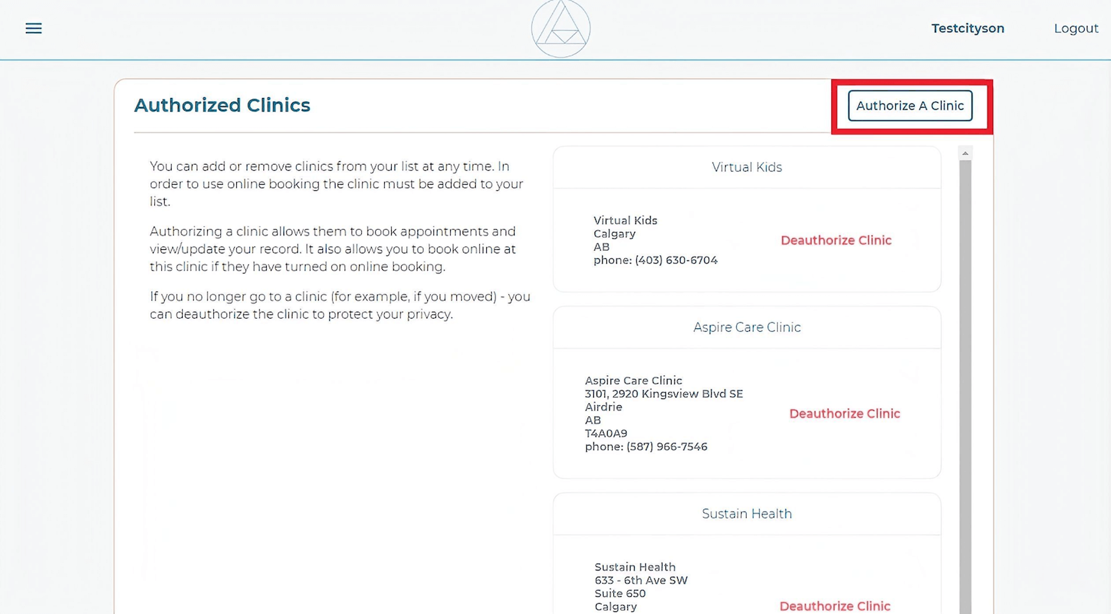 Authorized Clinics workspace with 'Authorize a Clinic' button highlighted in red