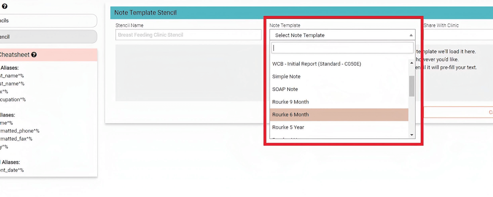 Note Template Stencil workspace with Note Template dropdown visible, displaying several selectable options.