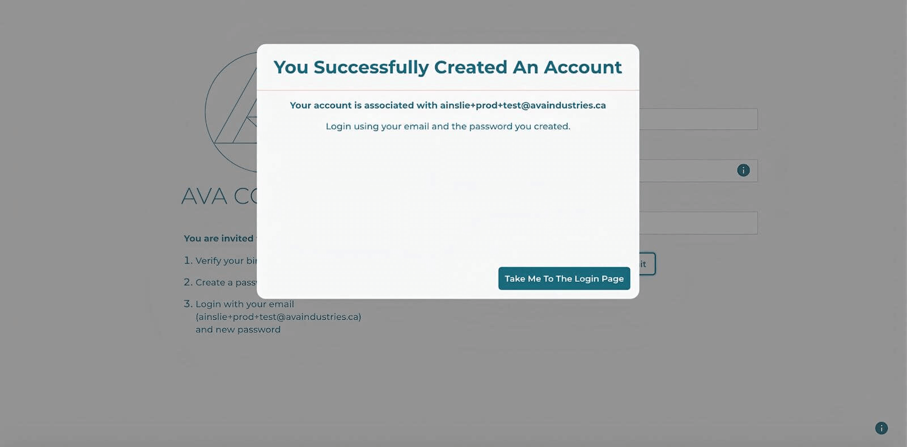 A screenshot of the 'successful account creation' state on AVA Connect
