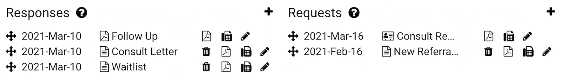 Responses and Requests workspace with various dates and icons.