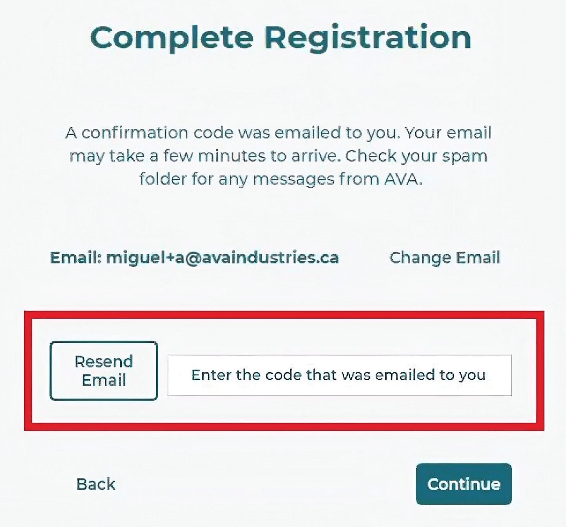 Complete Registration window with a red box highlighting a button labeled 'Resend Email' and a form field labeled 'Enter the code that was emailed to you'