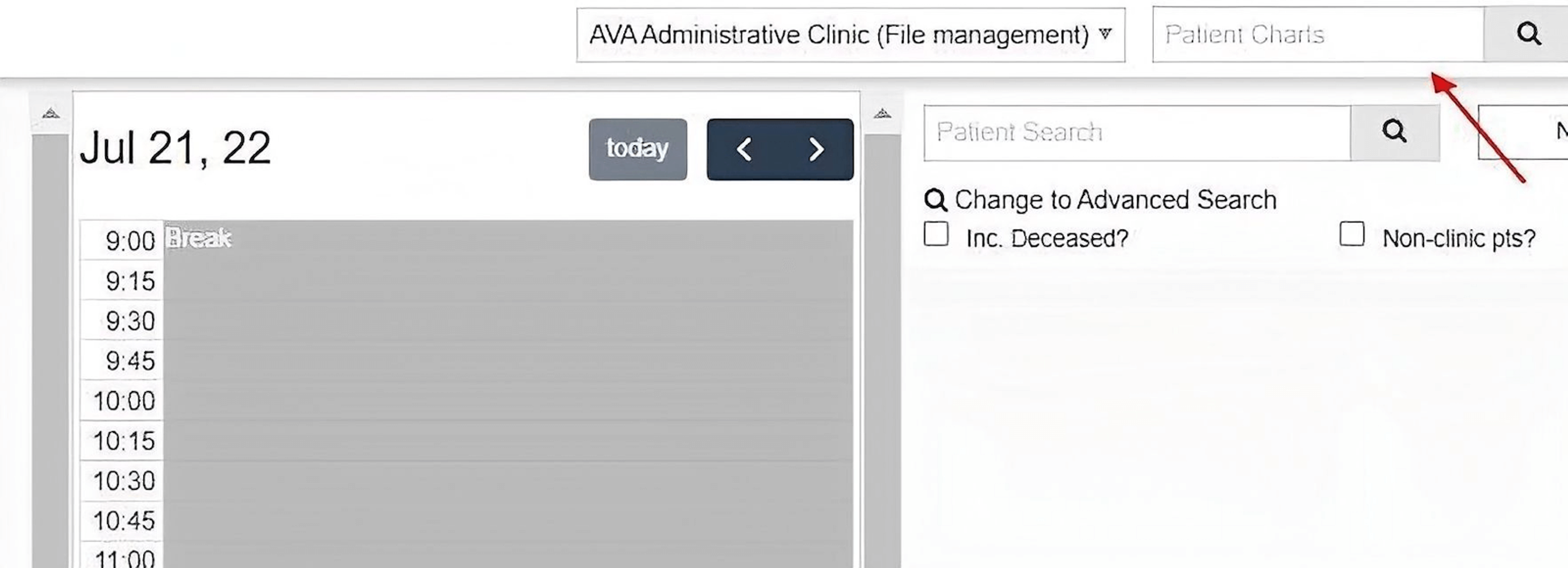 Calendar workspace with a red arrow pointing to a field labeled 'Patient Charts'