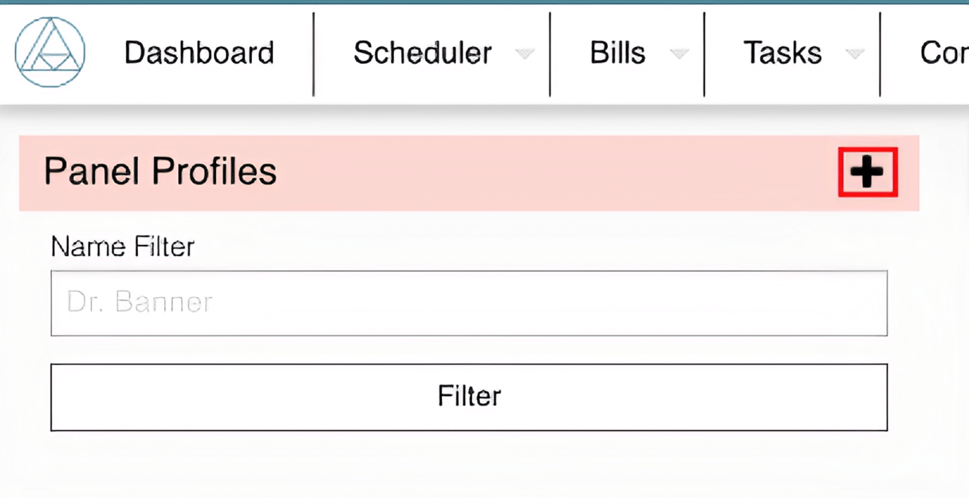A screenshot of a panel profiles name filter