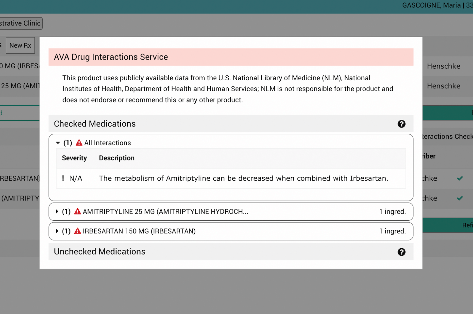 Screenshot of Ava drug interactions service menu