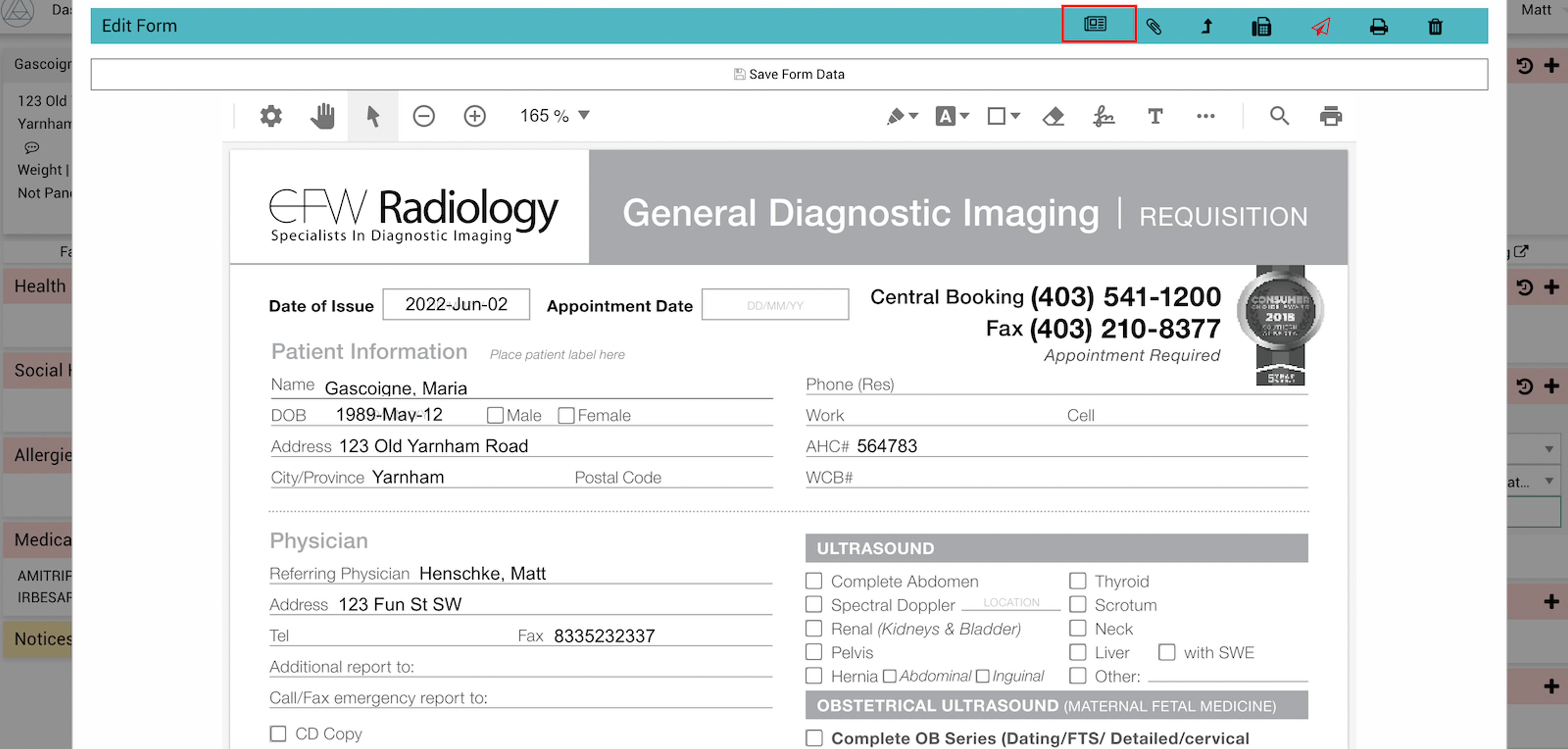 EFW Radiology online requisition form screenshot