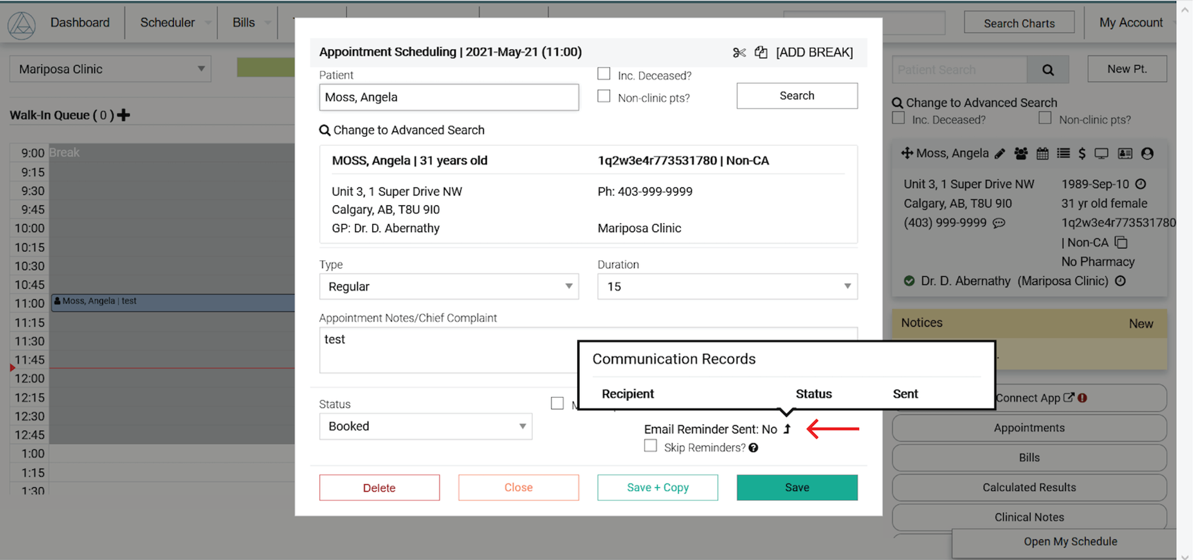 Appointment scheduling workspace with red arrow pointing at Email Reminder Sent counter