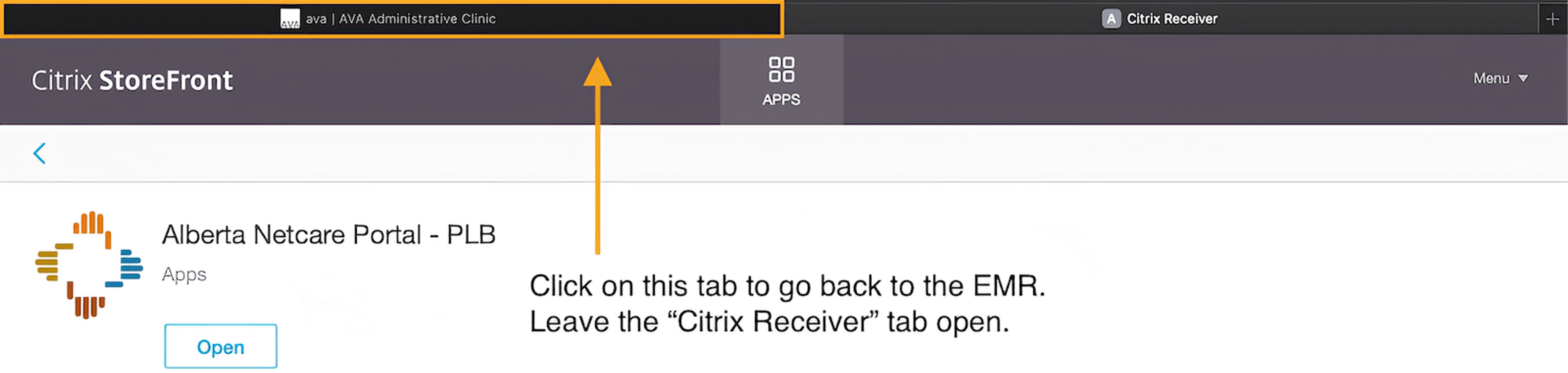 Citrix StoreFront with an orange arrow prompting the user to 'Click on this tab to go back to the EMR. Leave the "Citrix Receiver" tab open.