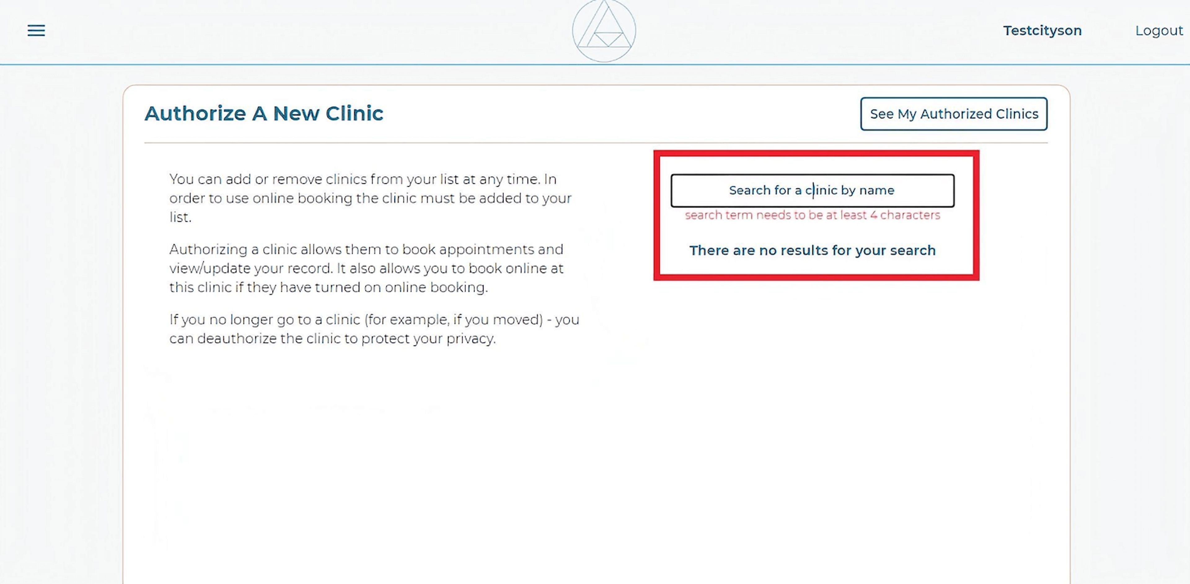 Authorize a New Clinic workspace with 'Search for a clinic by name' field highlighted in red