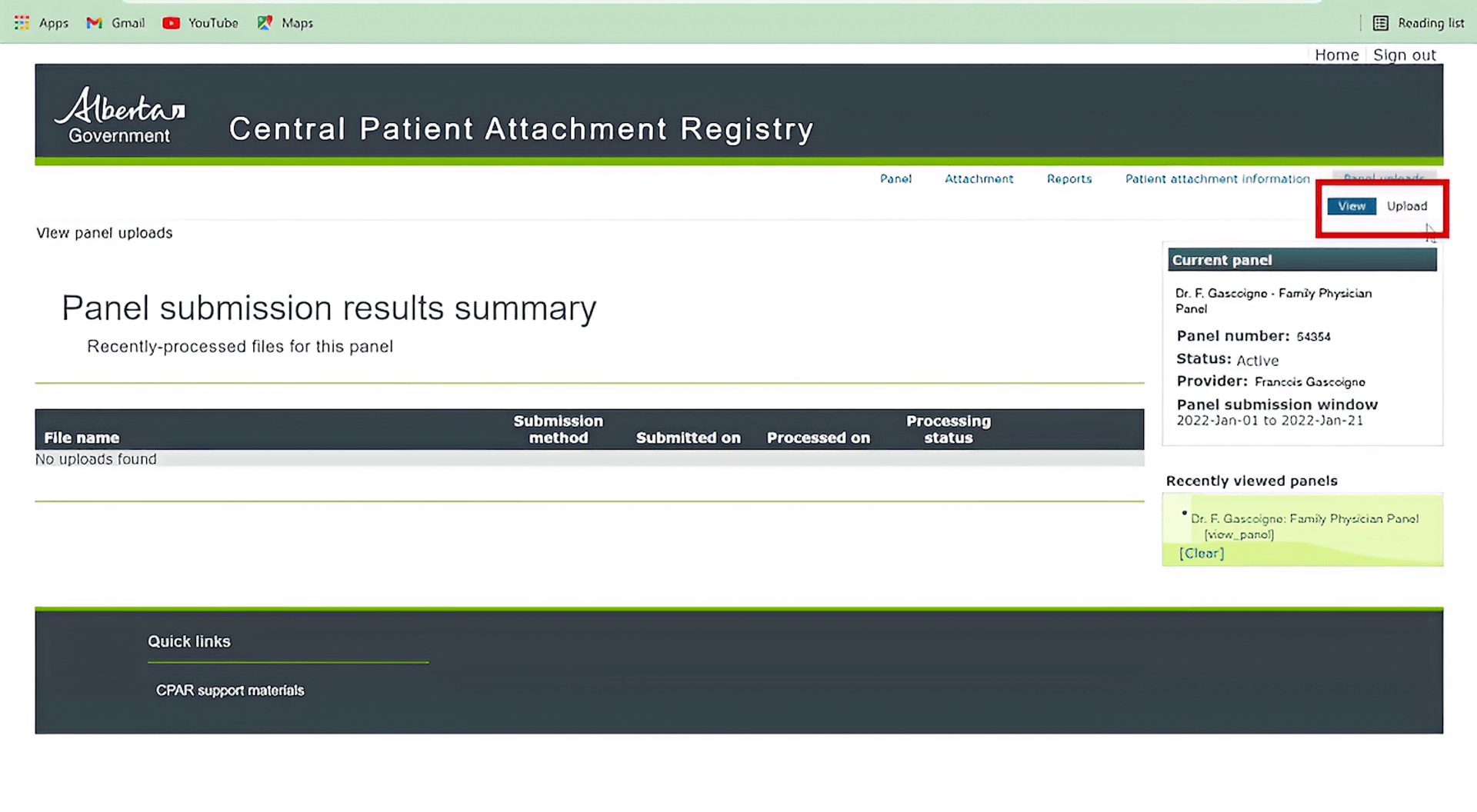 Screenshot of the Alberta Government's central patient attachment registry, with a button labeled 'upload' highlighted in the top-right corner.