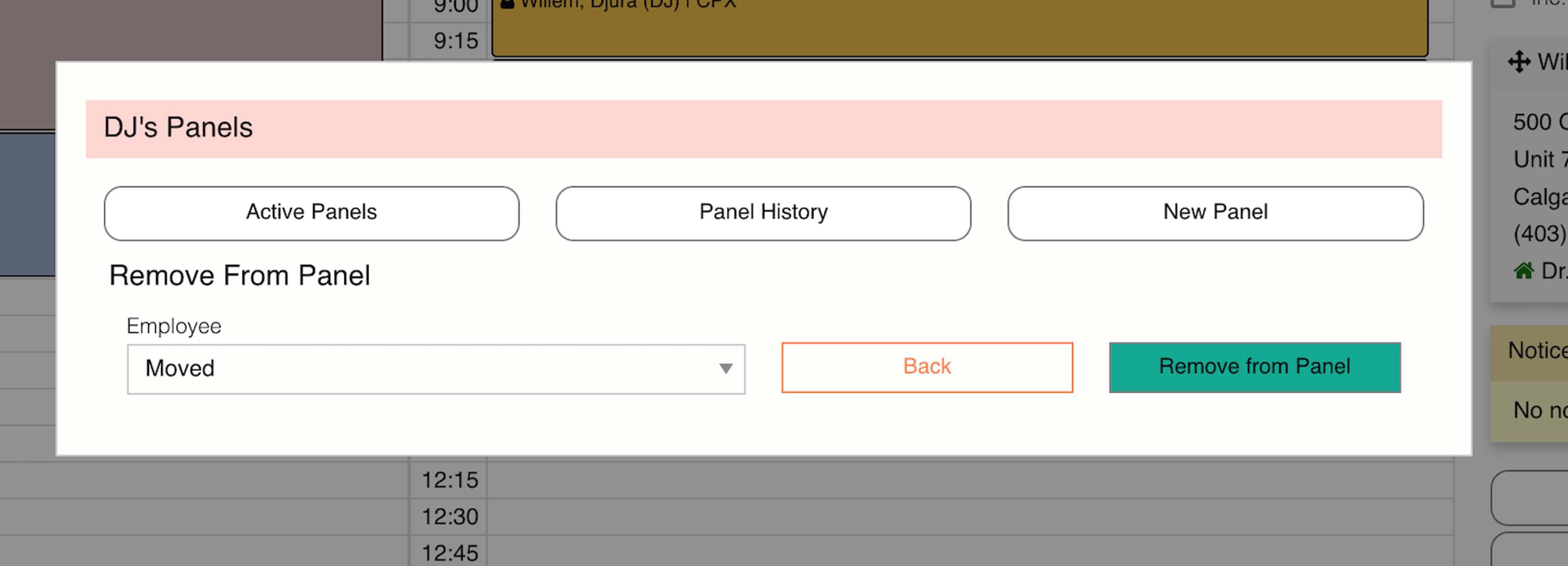 Workspace panel, outlining how to remove an employee from a panel.