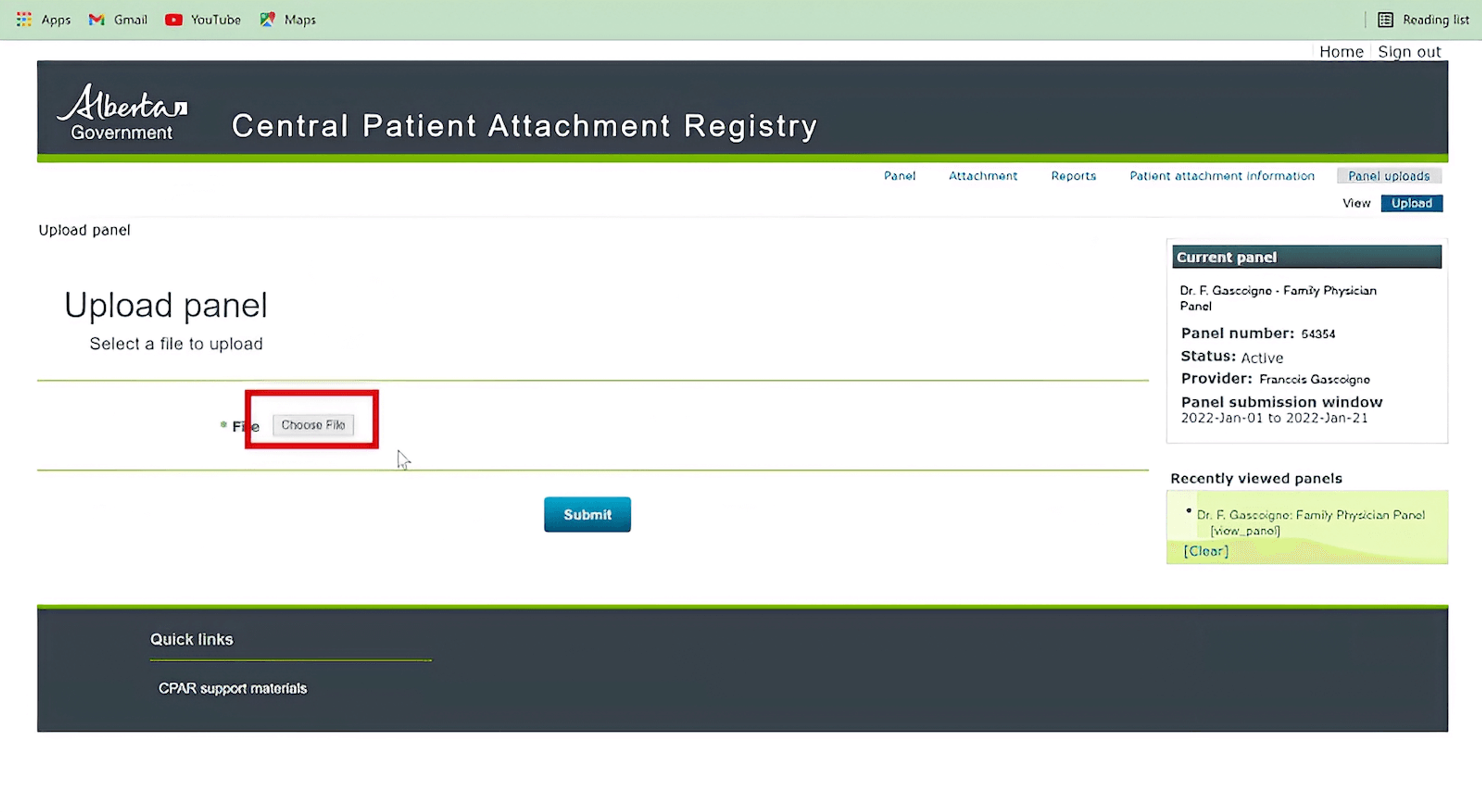 Screenshot of the Alberta Government's central patient attachment registry, with a button labeled 'choose file' highlighted in red.