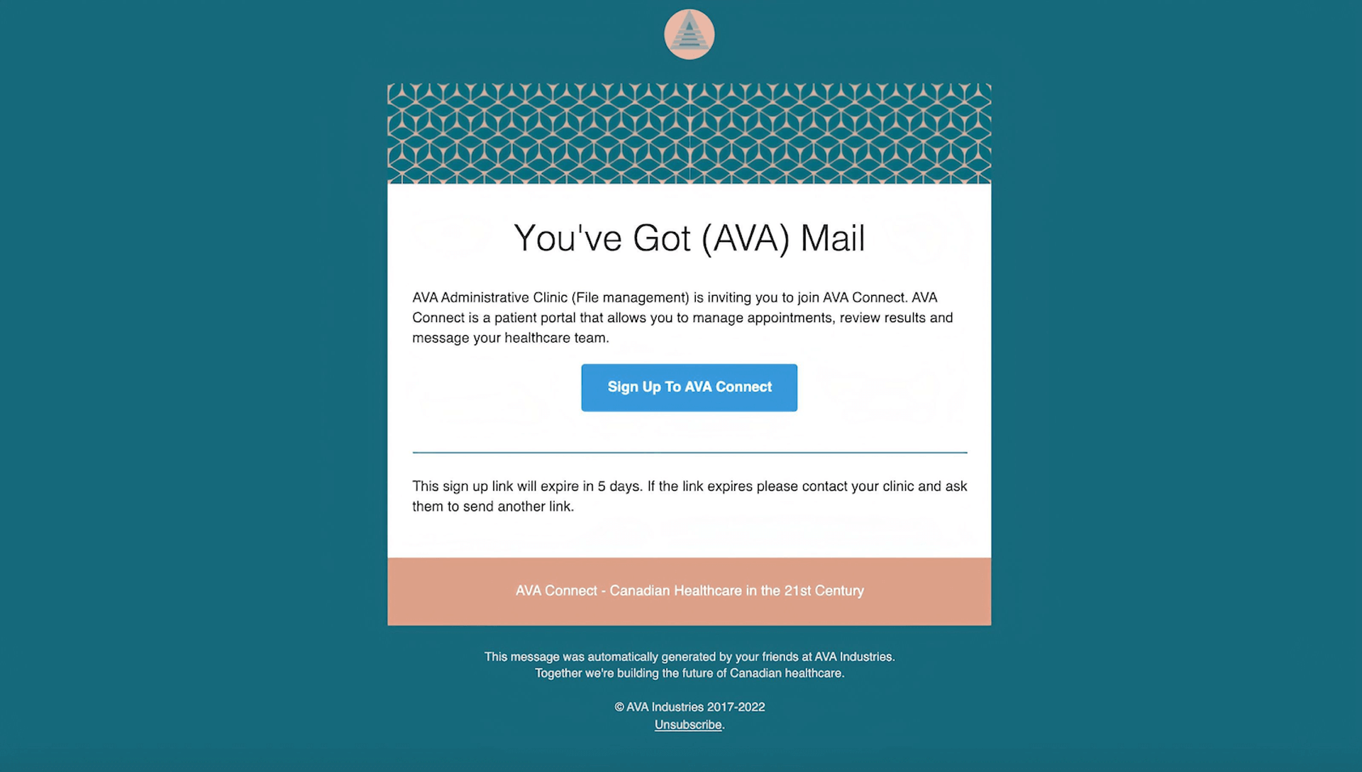 Screenshot of an AVA Connect email invitation button