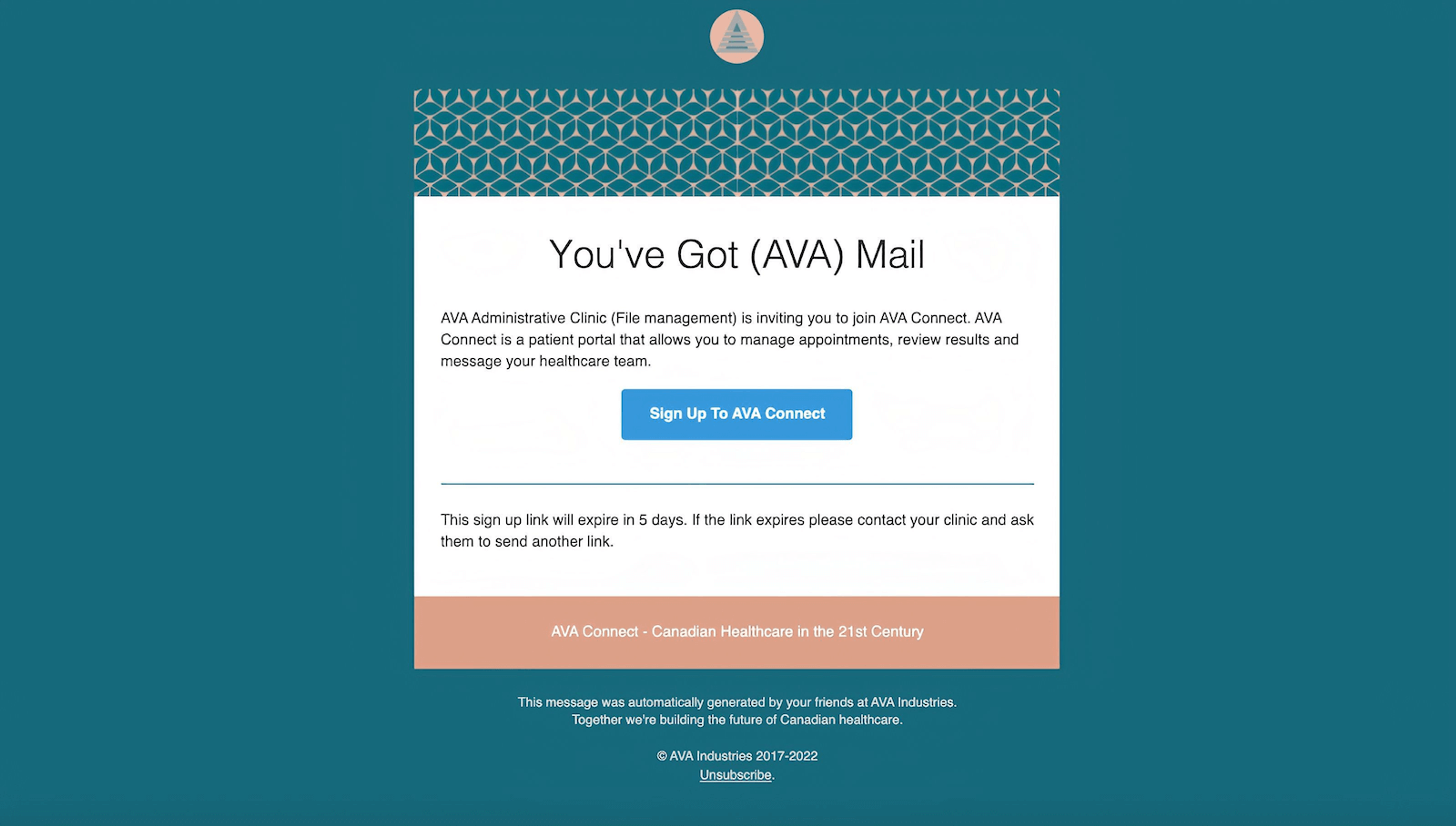 Screenshot of an AVA Connect email invitation button