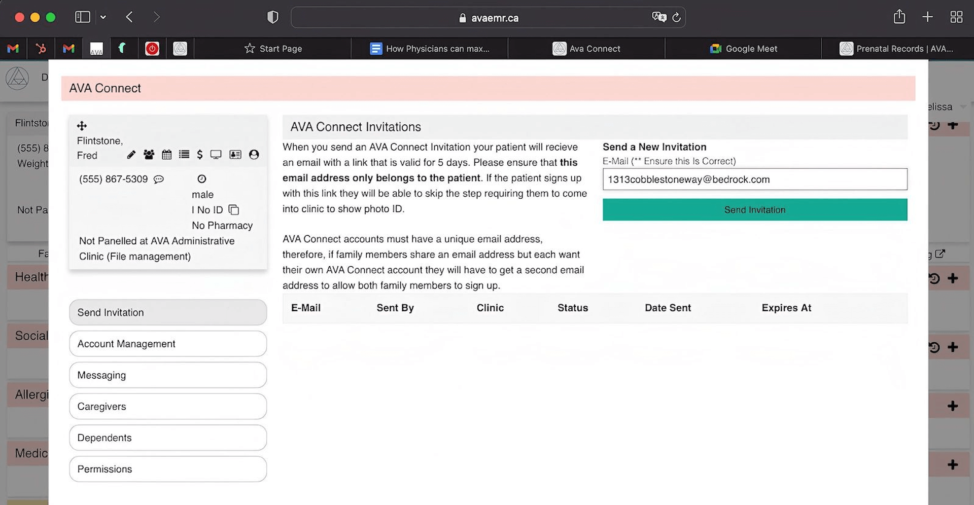 Screenshot of AVA Connect invitations screen