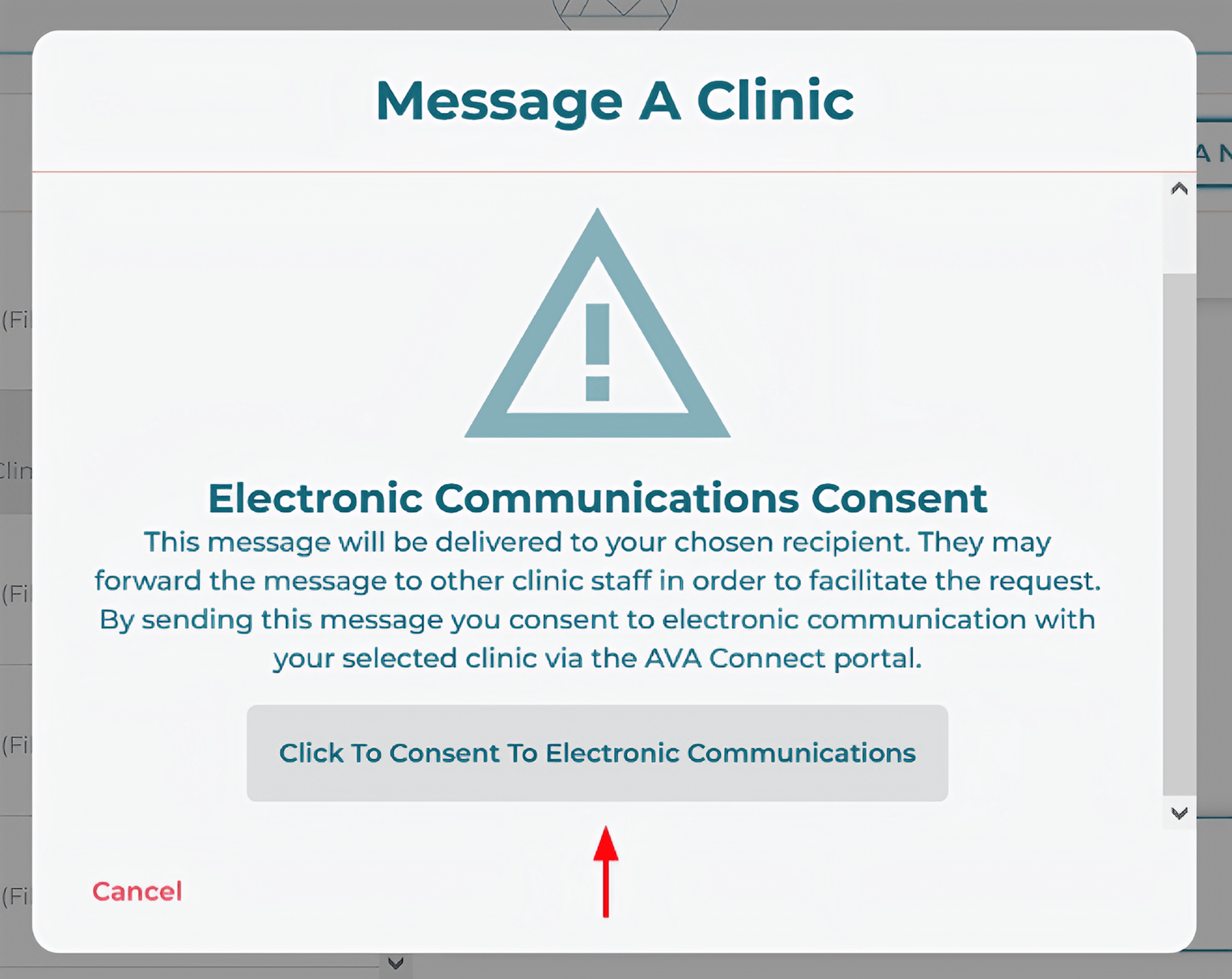 Message a Clinic window with a red arrow pointing to a 'Click to Consent to Electronic Communications' button.