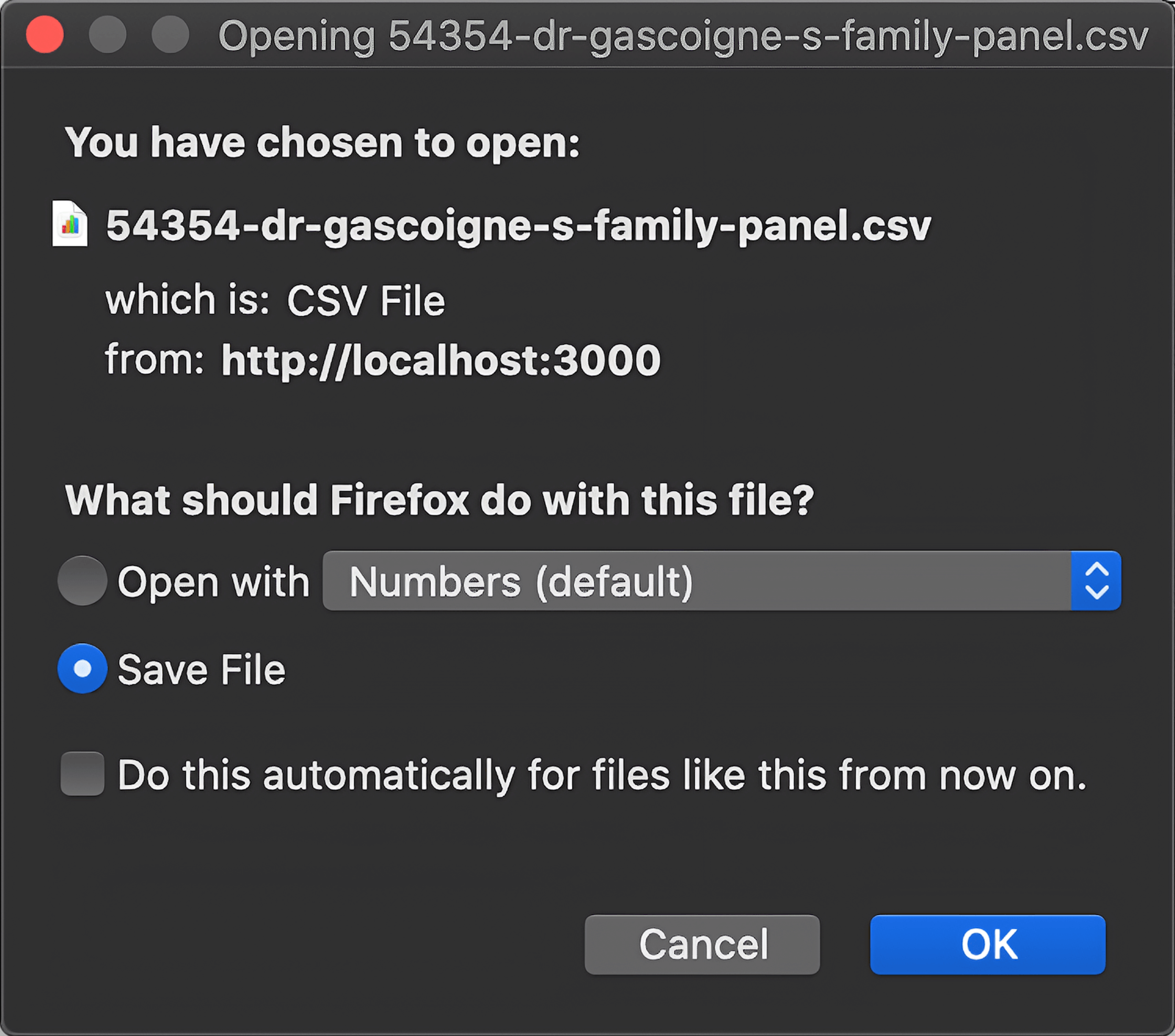 A windows popup prompt, asking if you'd like to open a CSV file.