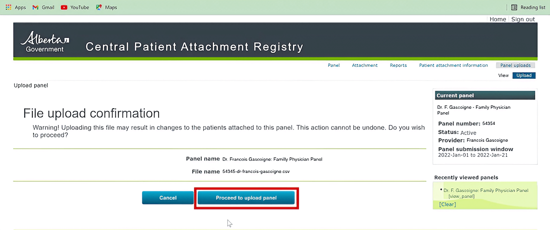 Screenshot of the Alberta Government's central patient attachment registry, with a button labeled 'Proceed to upload portal' highlighted.
