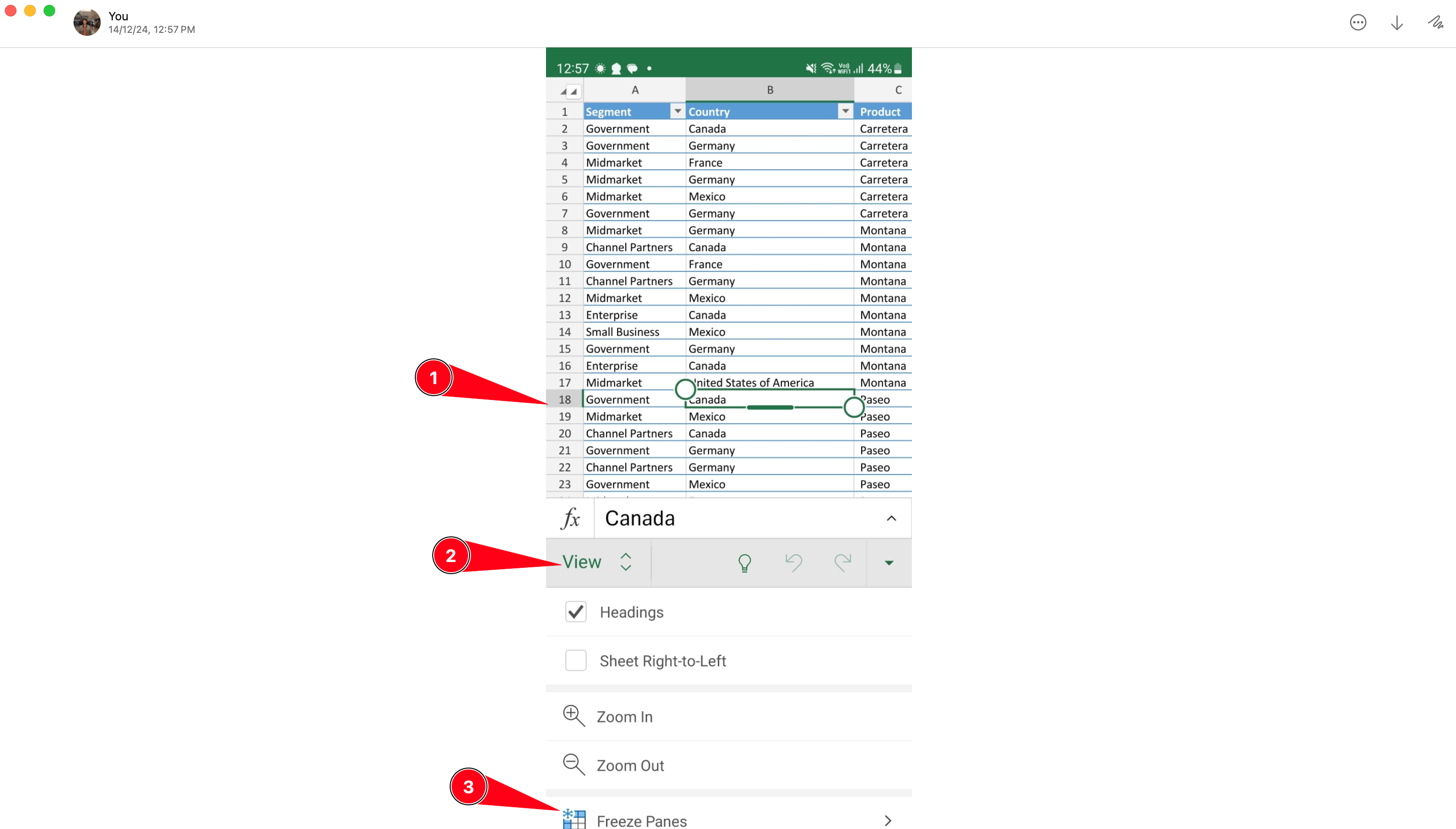 Freeze a row in Excel on Mobile