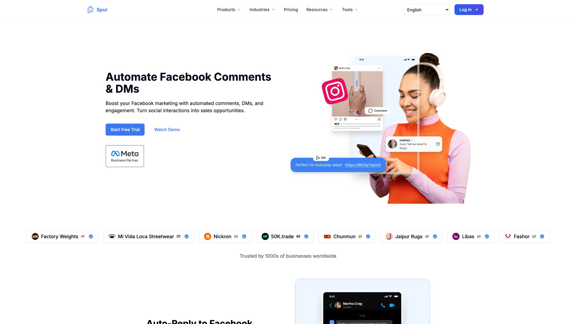 Spur's Facebook automation product page displaying comment-to-DM automation, shared inbox, and AI agent features for Messenger