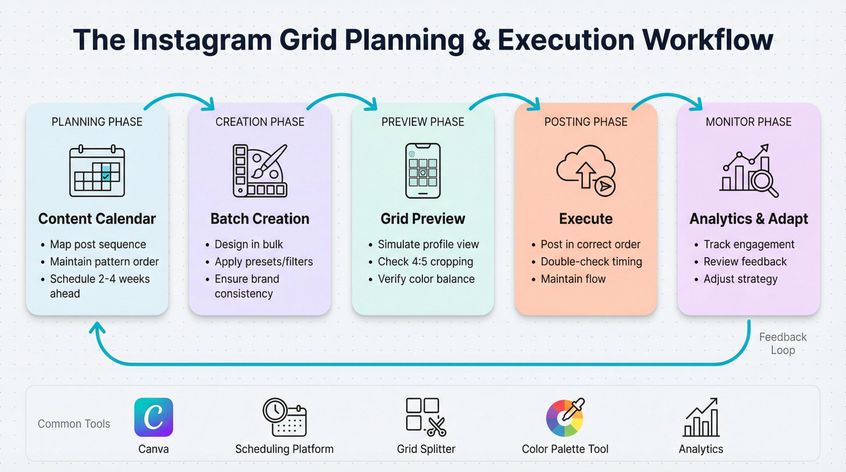 Instagram grid planning workflow showing five connected phases: content calendar scheduling, batch visual creation in design tools, grid preview simulation, posting execution, and analytics monitoring with feedback loop