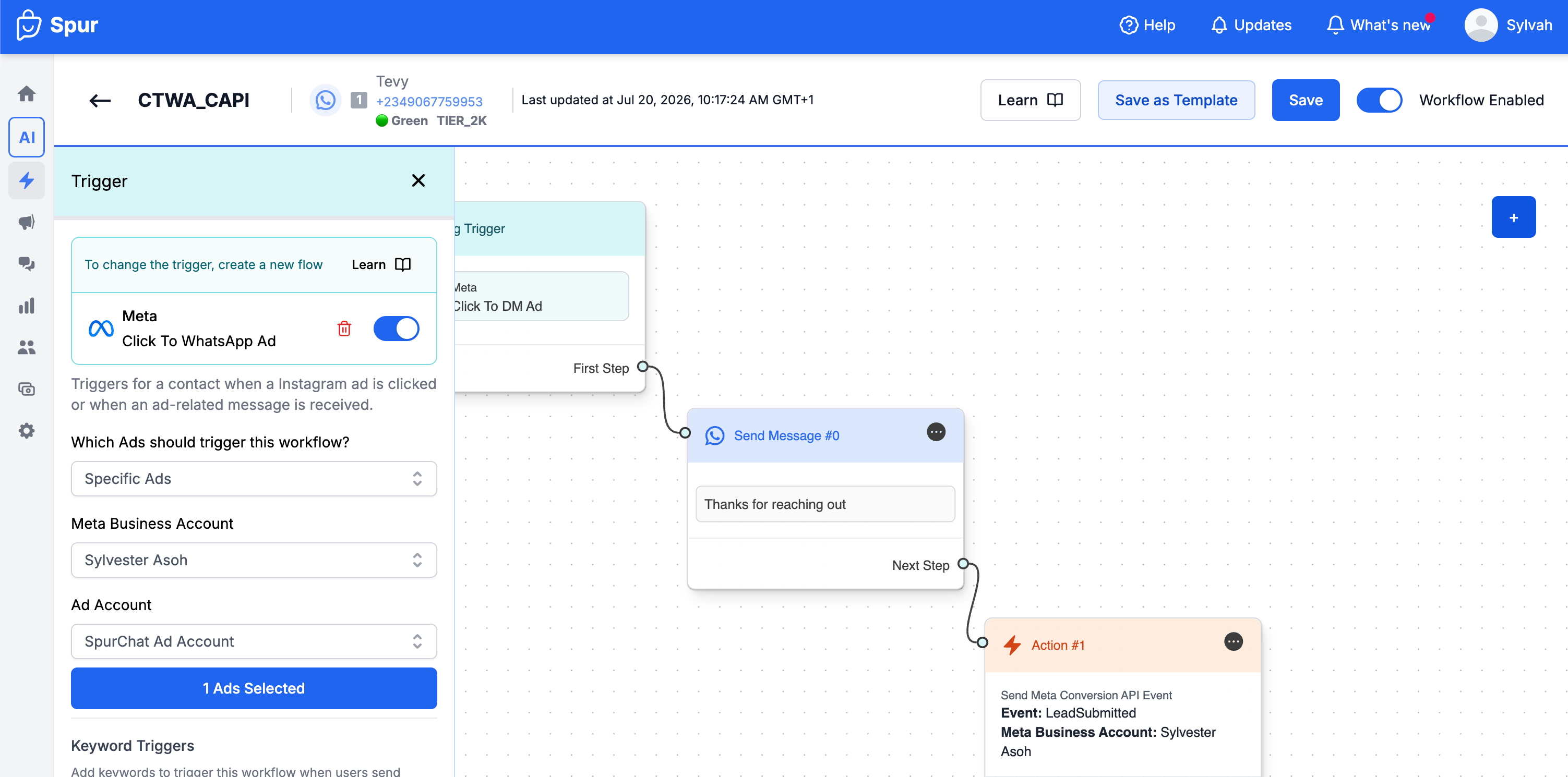 Spur Workflow Builder with a Meta Click To WhatsApp Ad trigger and a Meta Conversion API action