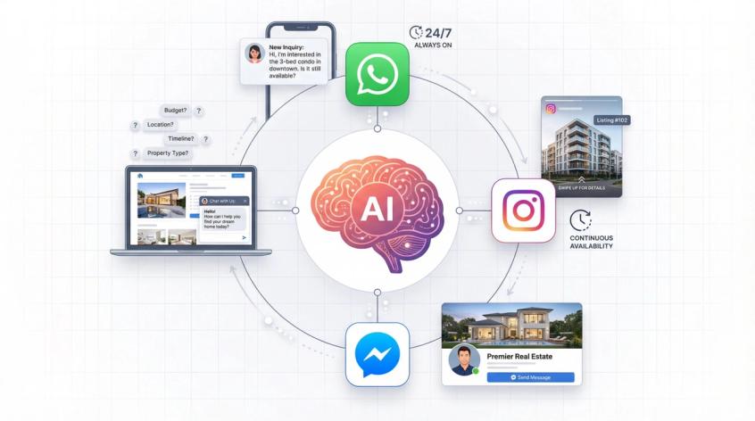 AI chatbot platform connecting to WhatsApp, Instagram, Facebook, and website chat channels simultaneously for 24/7 real estate lead qualification